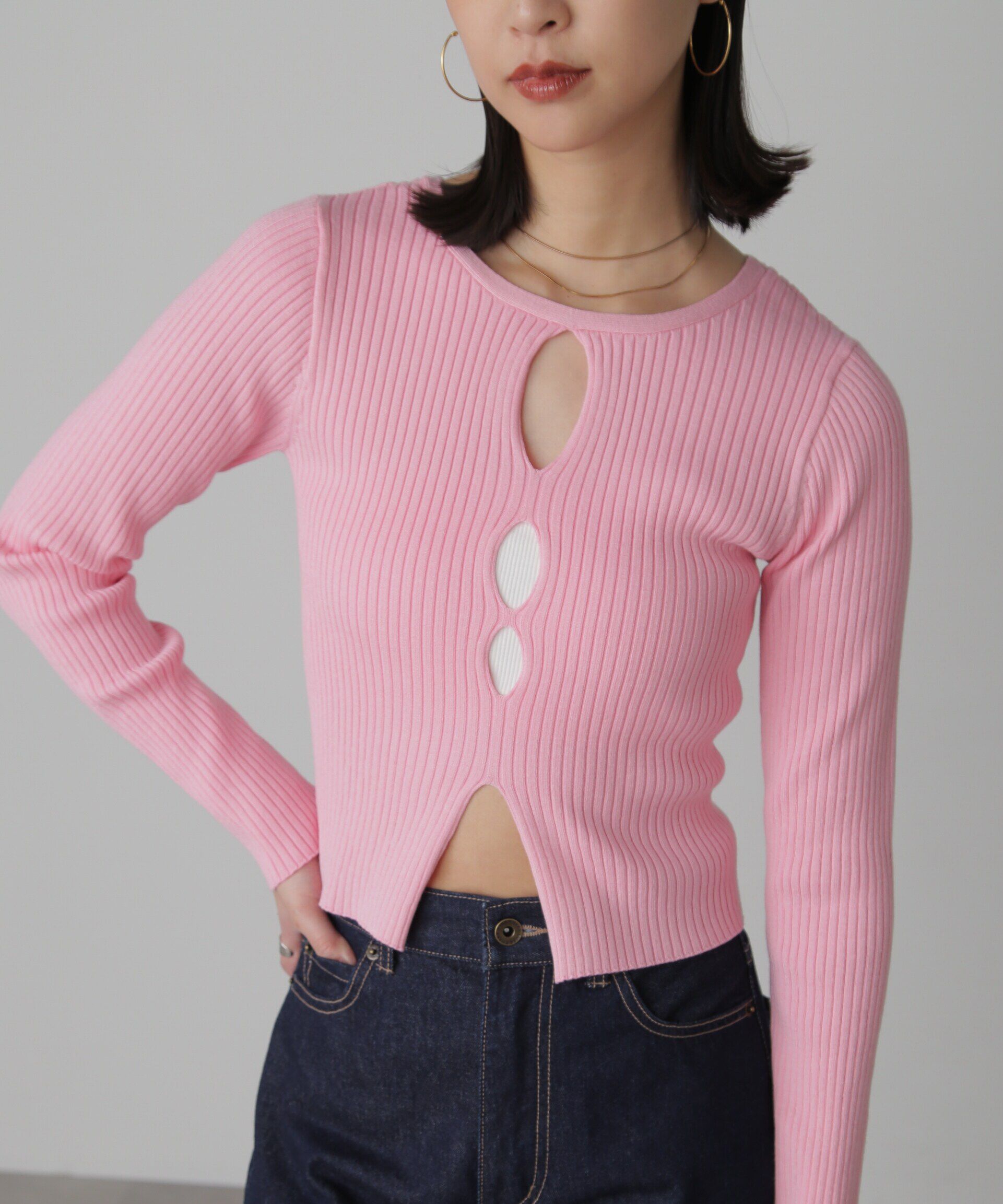  「前後2Wayスリットカットアウトリブニット」|ニット・セーター|