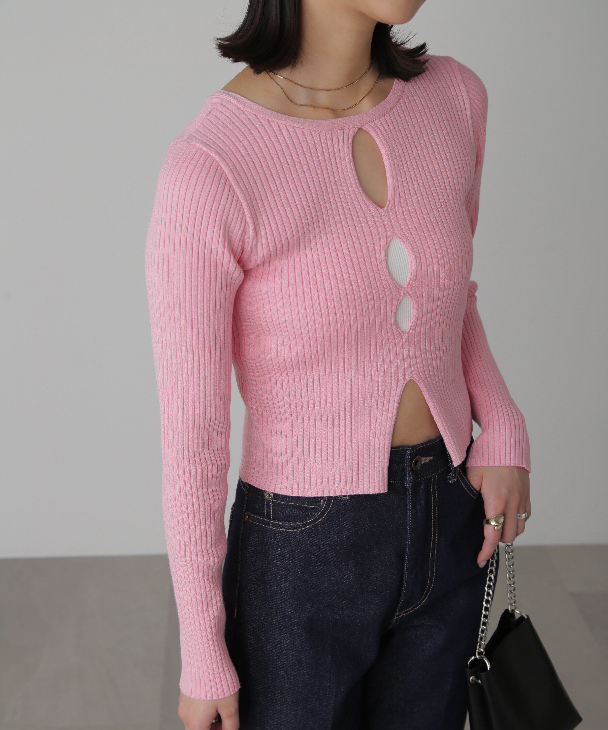  「前後2Wayスリットカットアウトリブニット」|ニット・セーター|