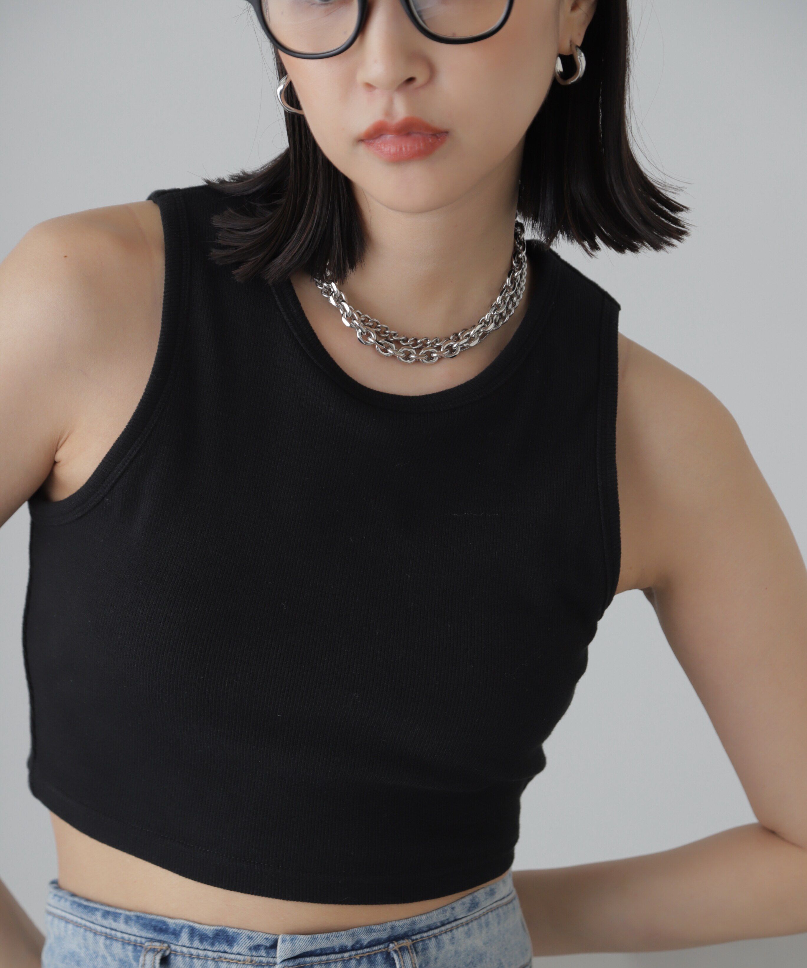  「カップ付きアメスリショート丈タンクトップ」|Tシャツ・カットソー|