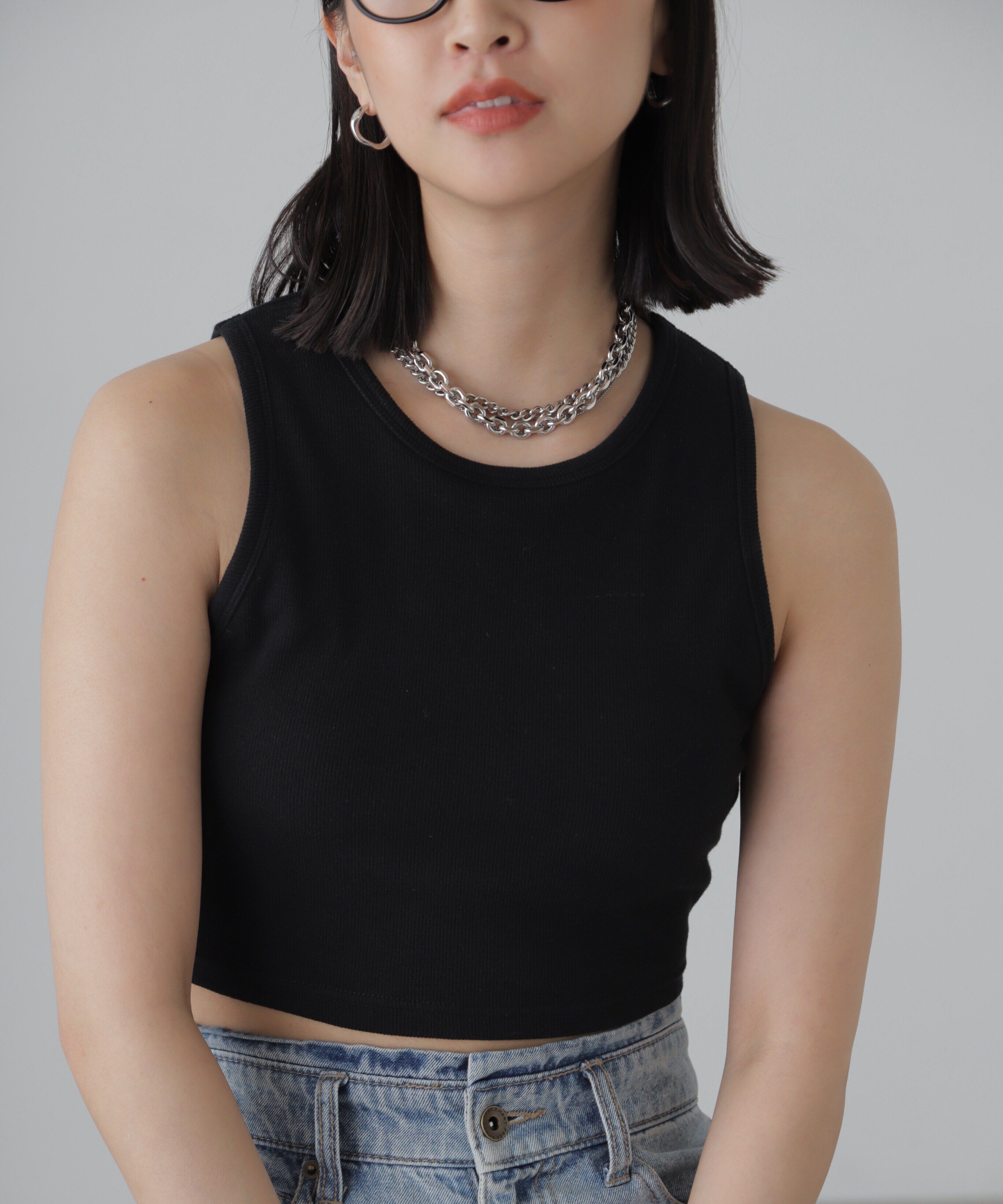  「カップ付きアメスリショート丈タンクトップ」|Tシャツ・カットソー|