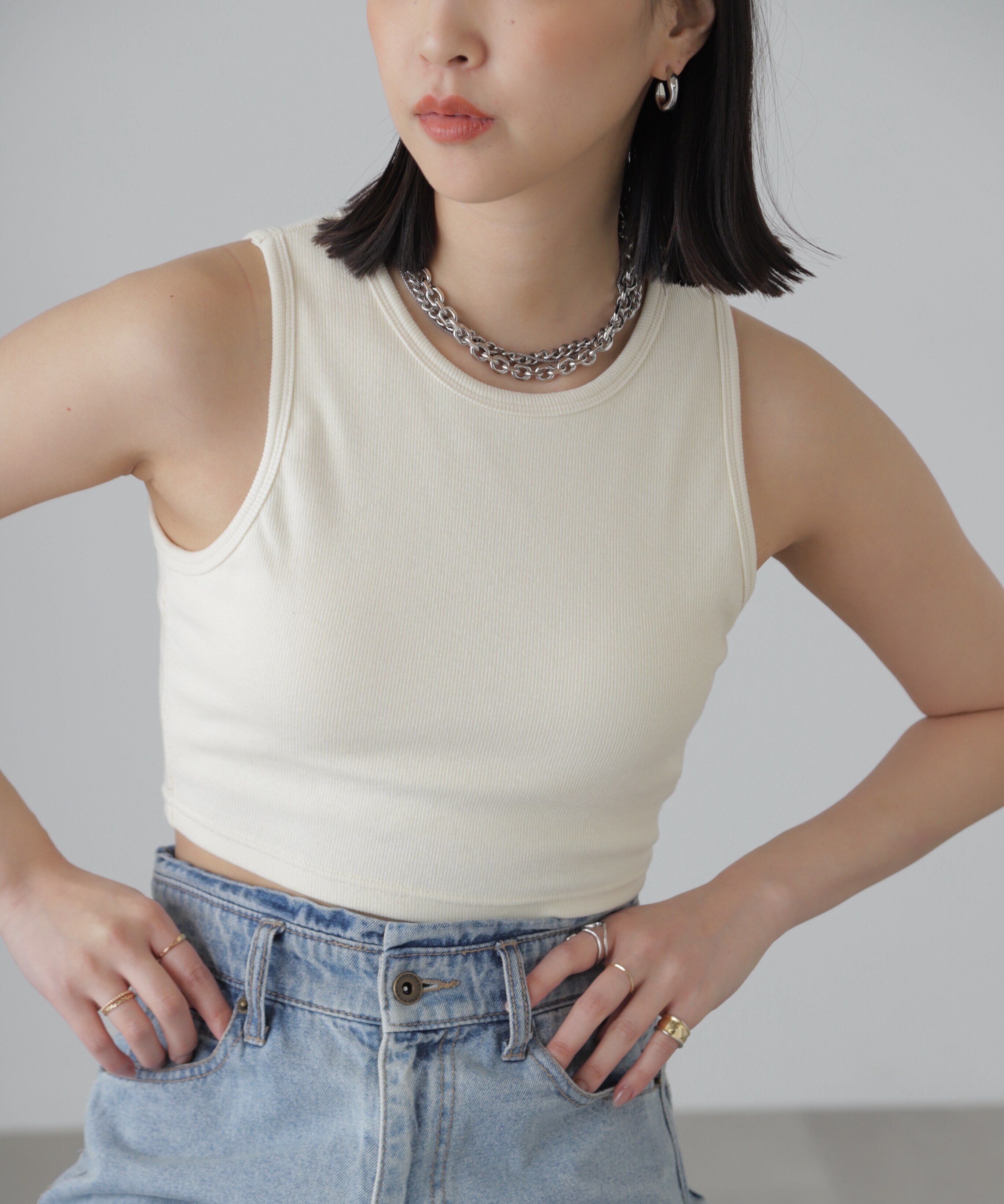  「カップ付きアメスリショート丈タンクトップ」|Tシャツ・カットソー|