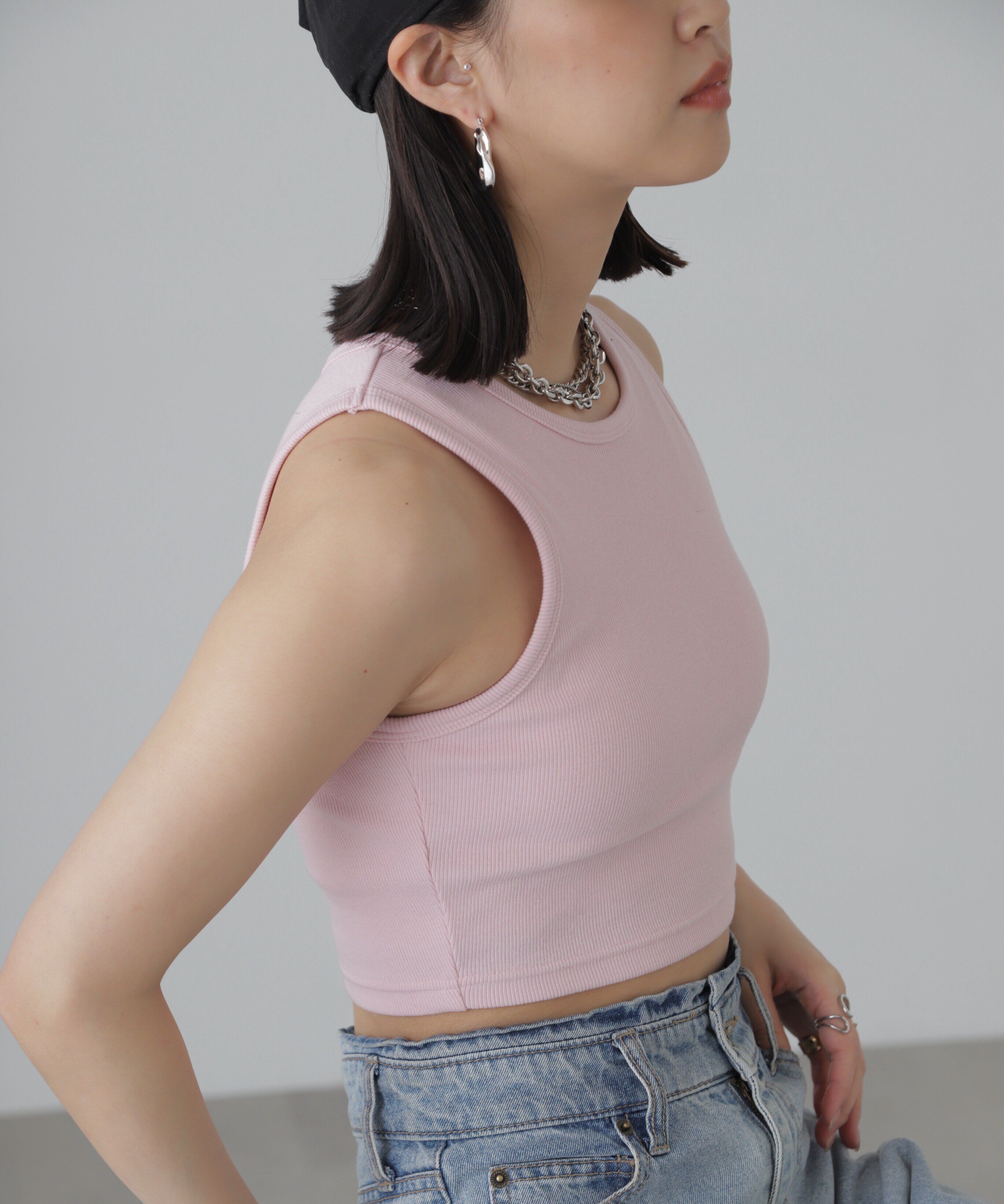  「カップ付きアメスリショート丈タンクトップ」|Tシャツ・カットソー|