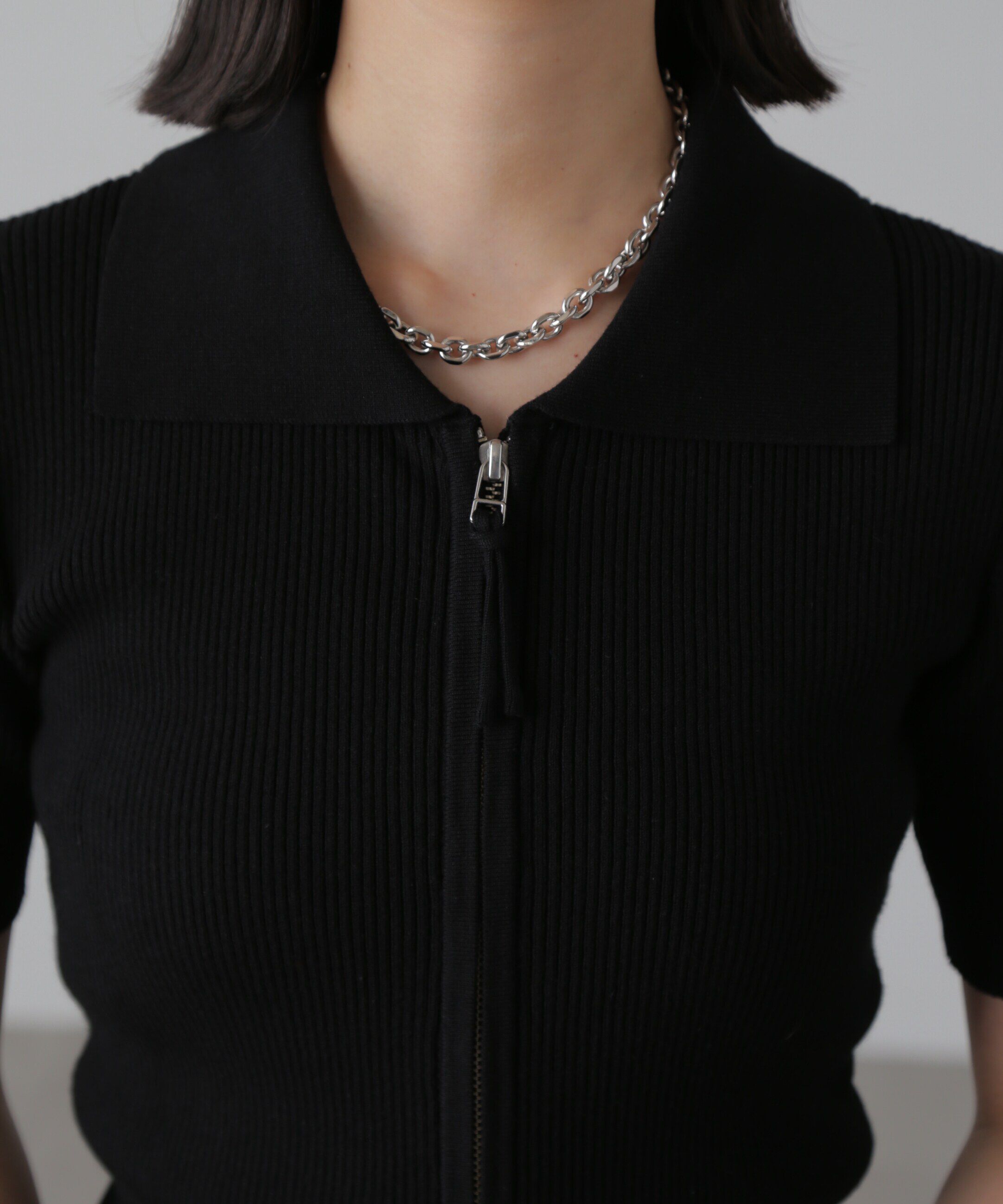  「ジップアップ半袖リブニット」|ニット・セーター|