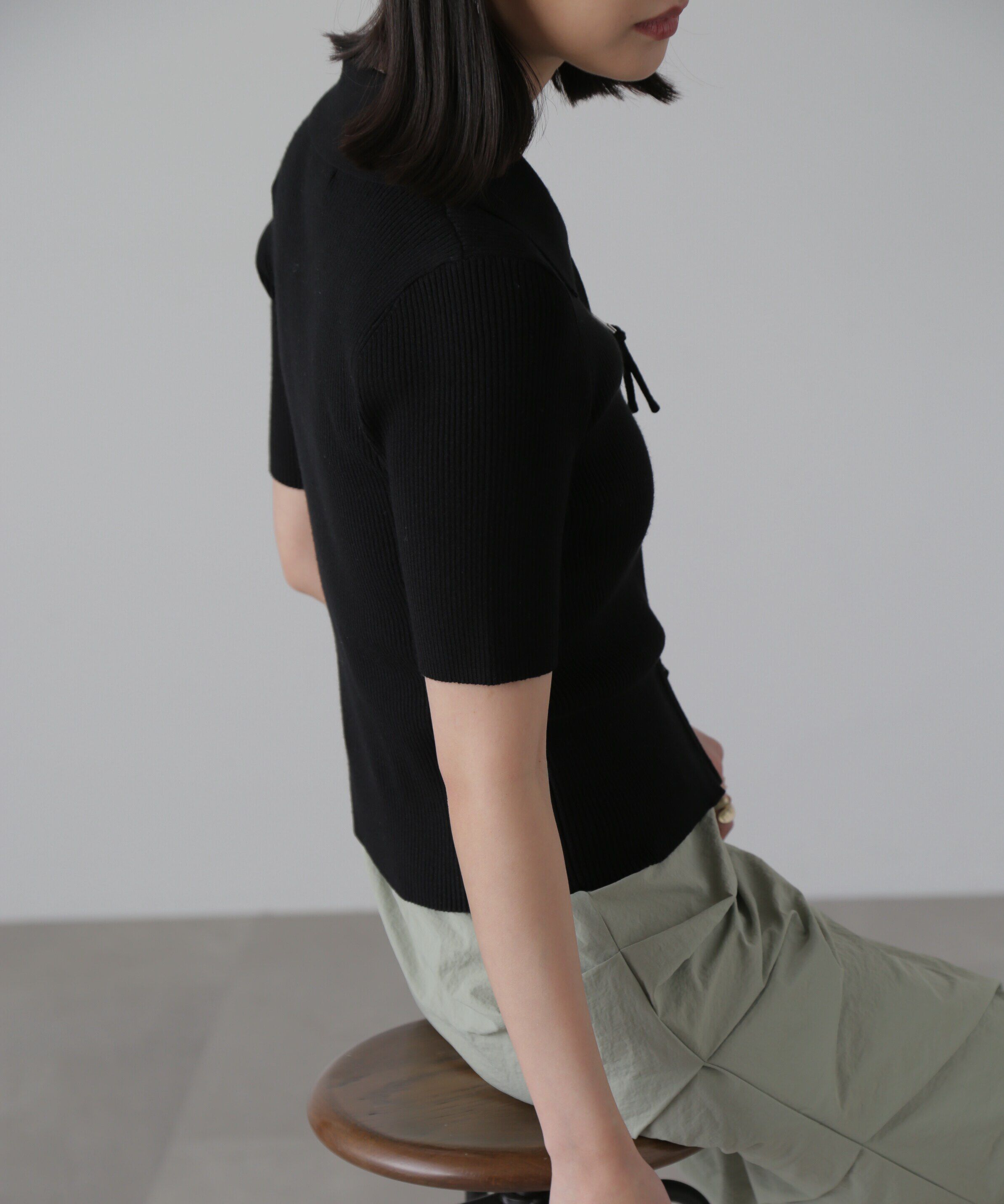  「ジップアップ半袖リブニット」|ニット・セーター|