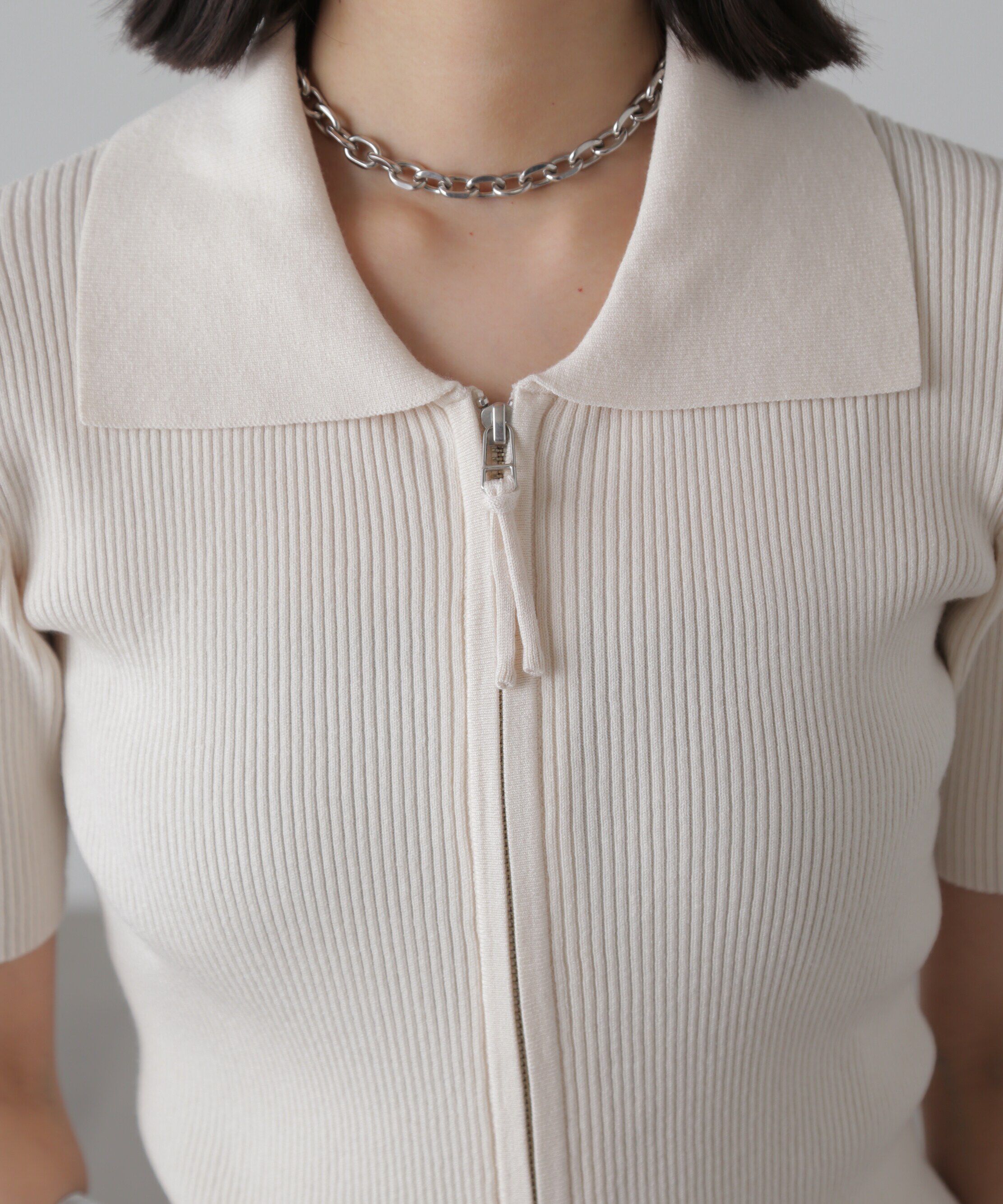  「ジップアップ半袖リブニット」|ニット・セーター|