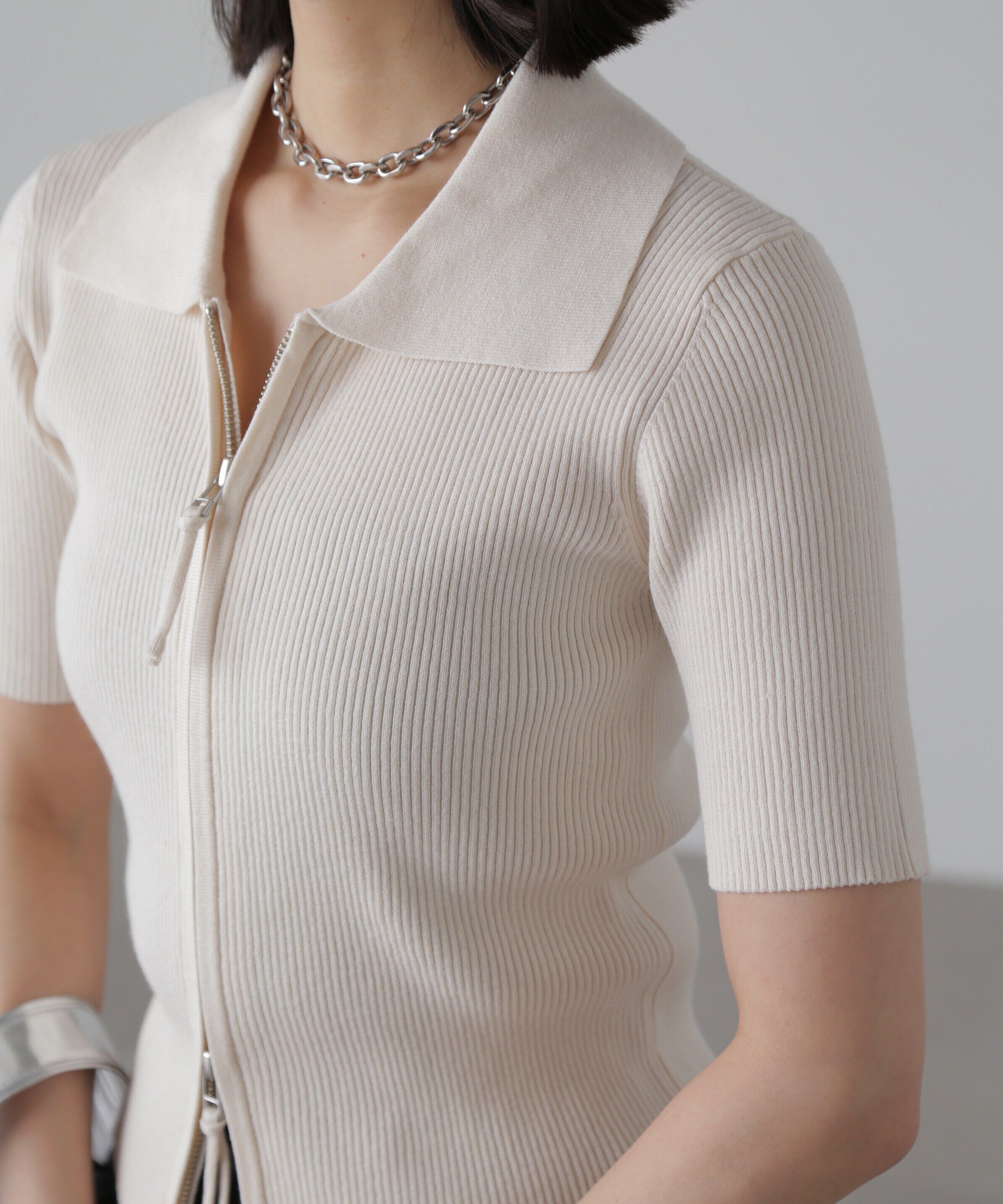  「ジップアップ半袖リブニット」|ニット・セーター|