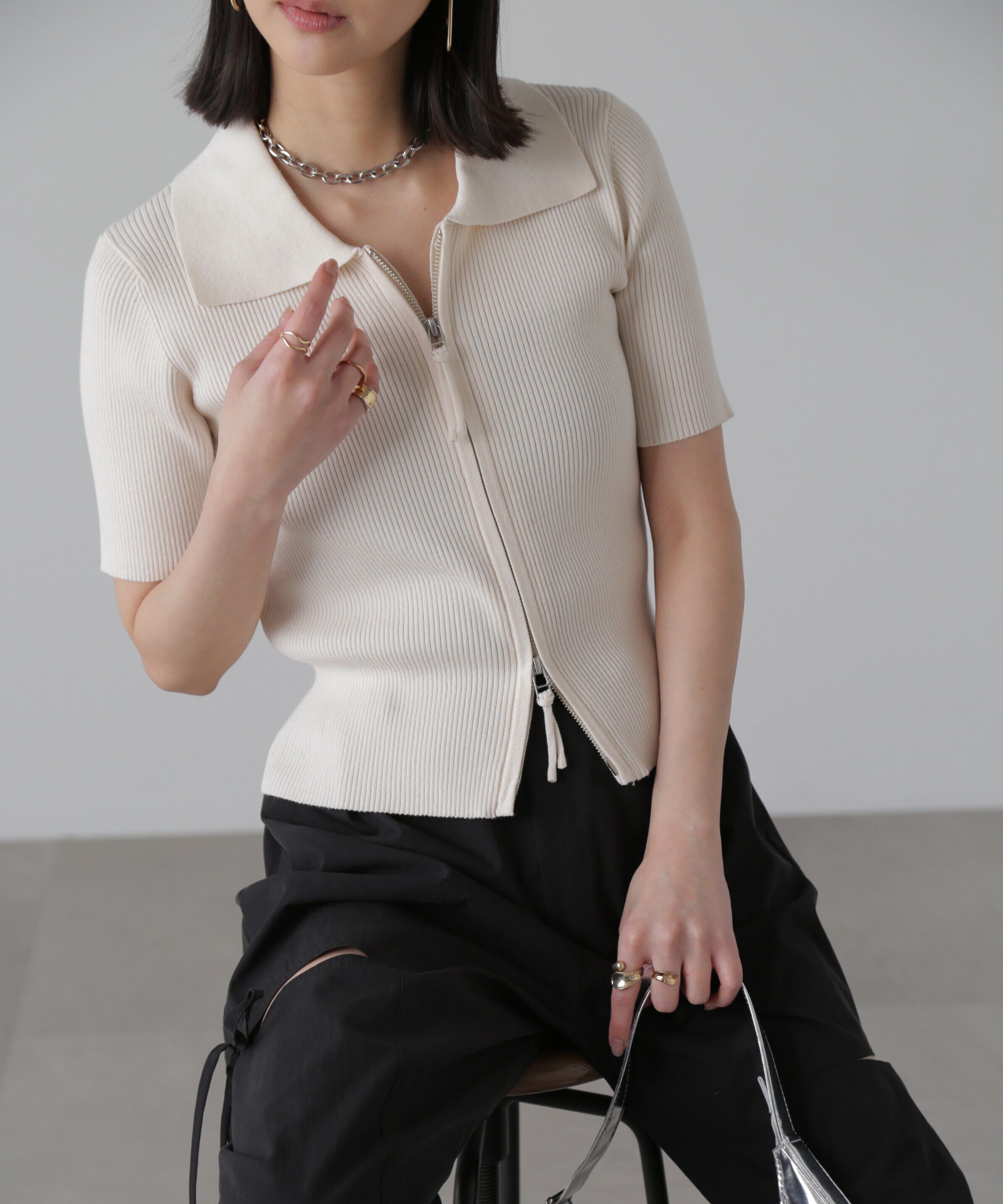 「ジップアップ半袖リブニット」|ニット・セーター|