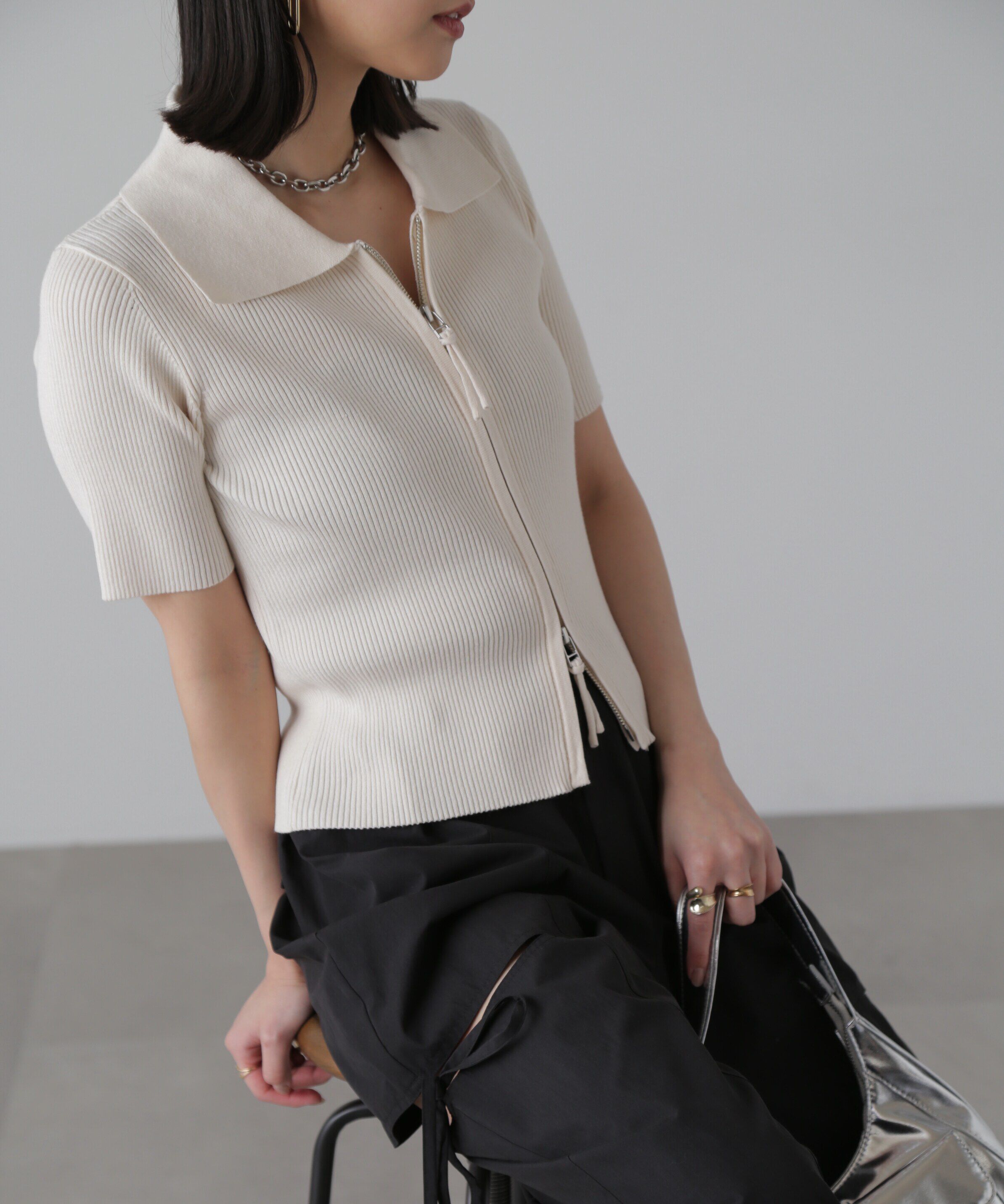  「ジップアップ半袖リブニット」|ニット・セーター|