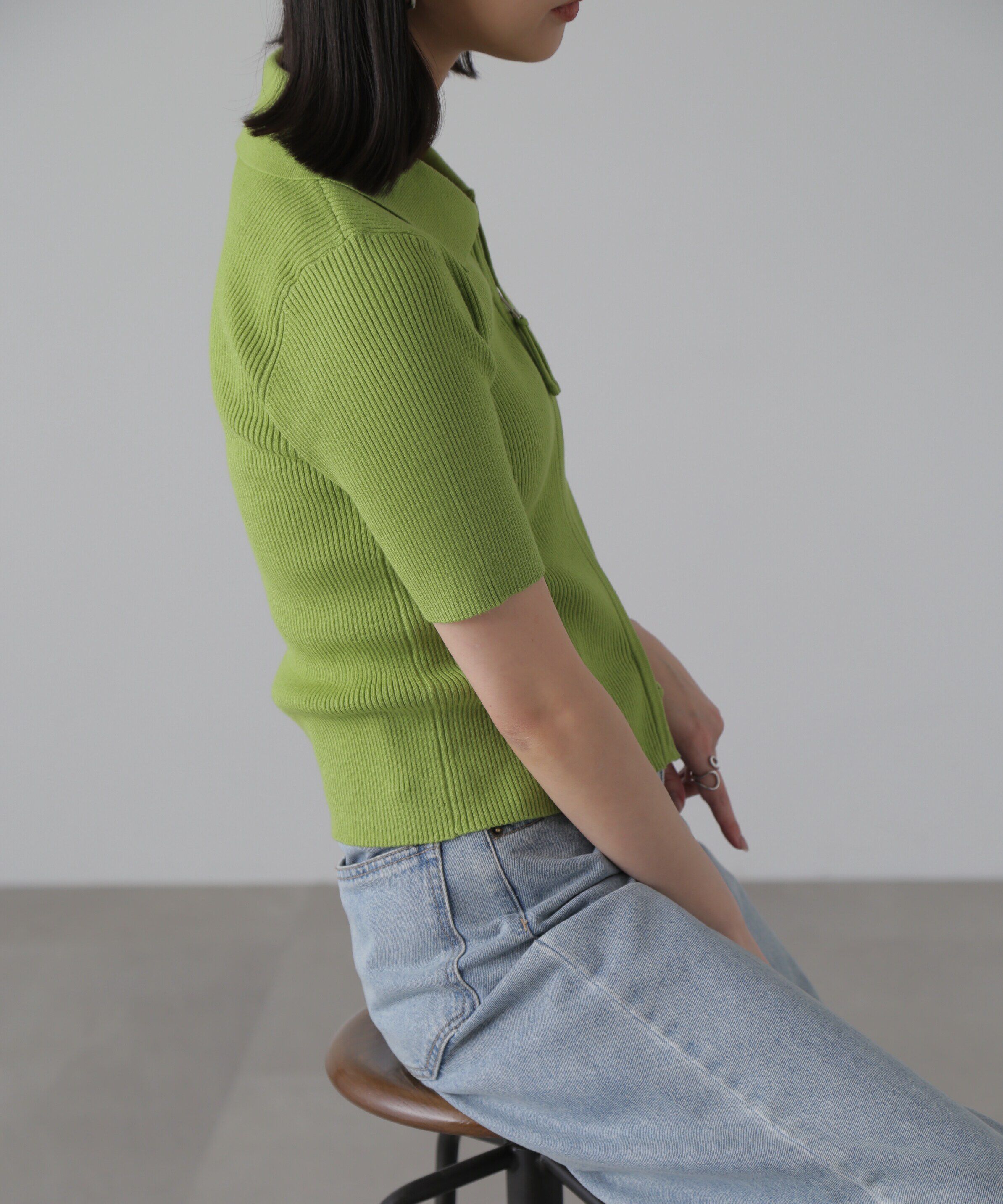  「ジップアップ半袖リブニット」|ニット・セーター|