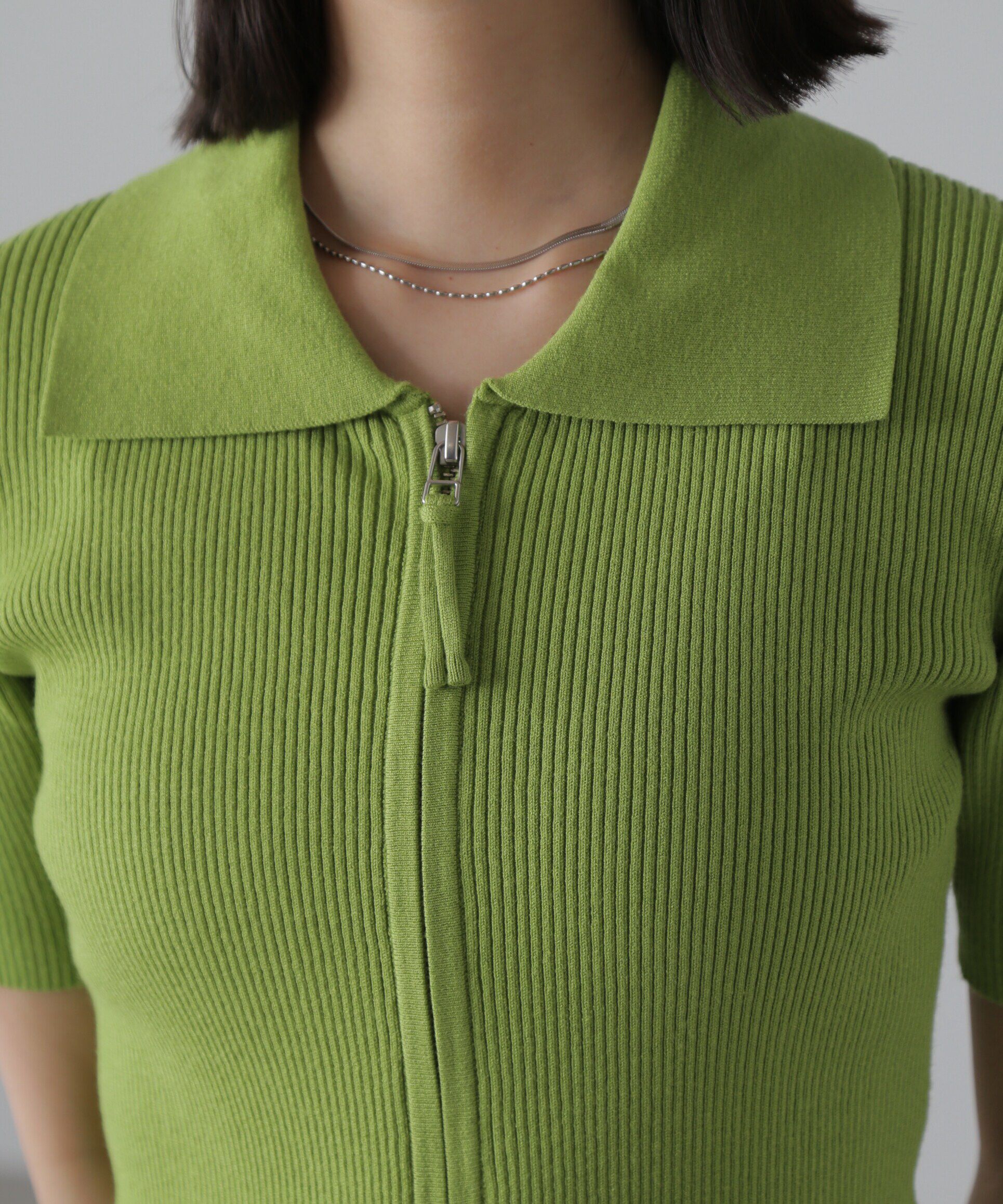  「ジップアップ半袖リブニット」|ニット・セーター|