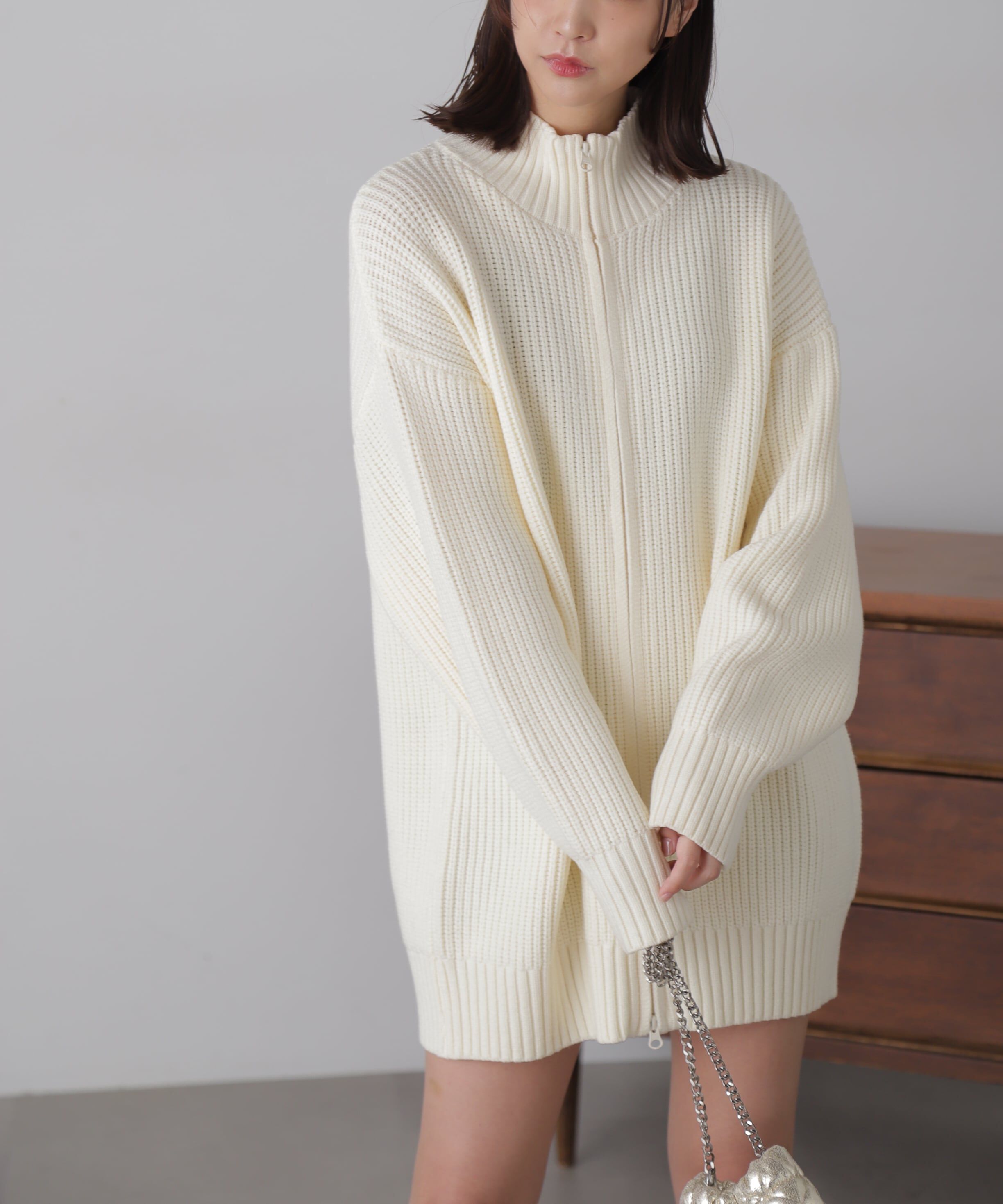  「ジップニットミニワンピース」|ワンピース|ホワイト