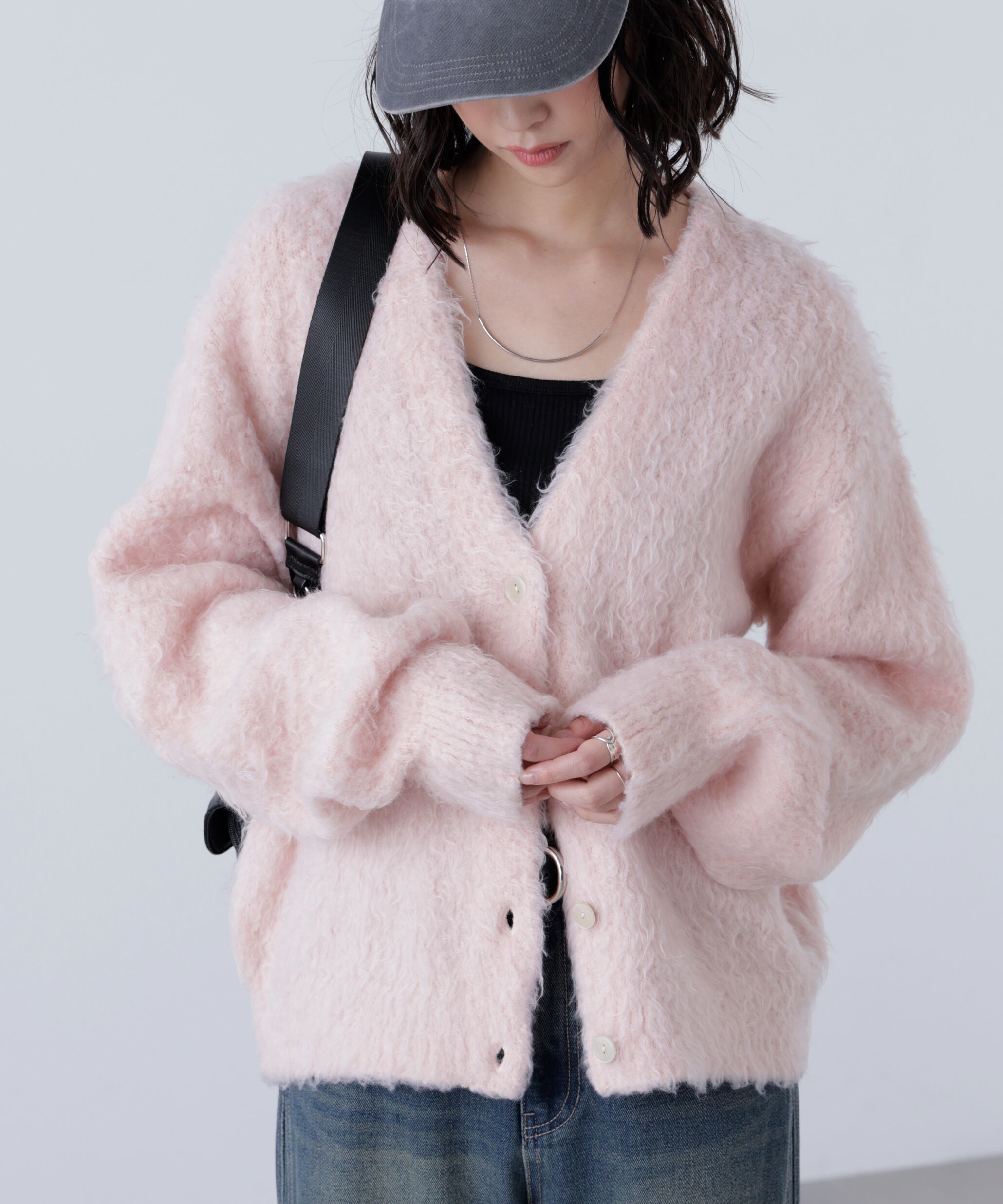  「ウェーブ起毛Vネックカーディガン」|ニット・セーター|ピンク