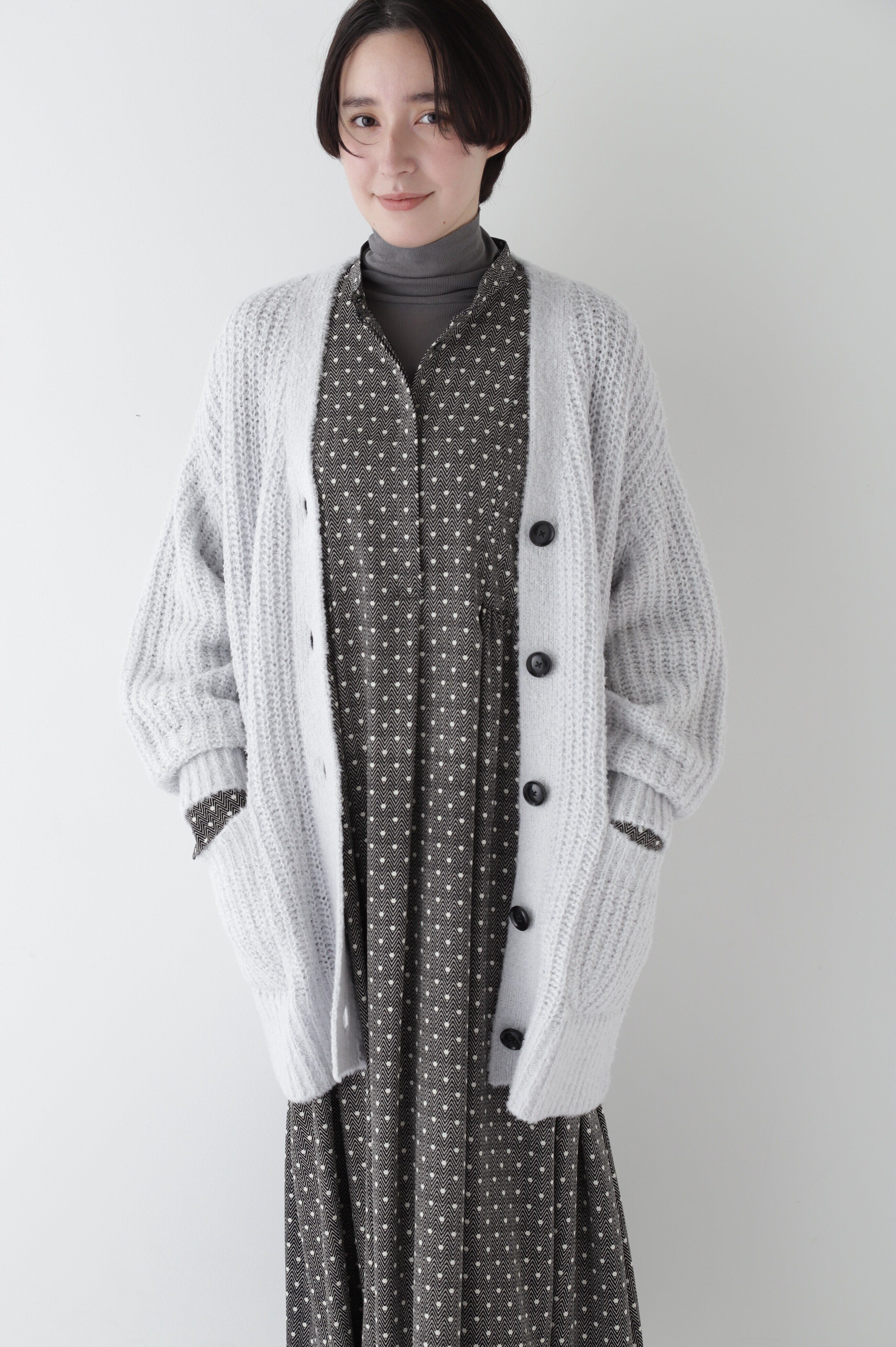  「ブークレ片畦2WAYはおりロングVer」|ニット・セーター|ライトグレー