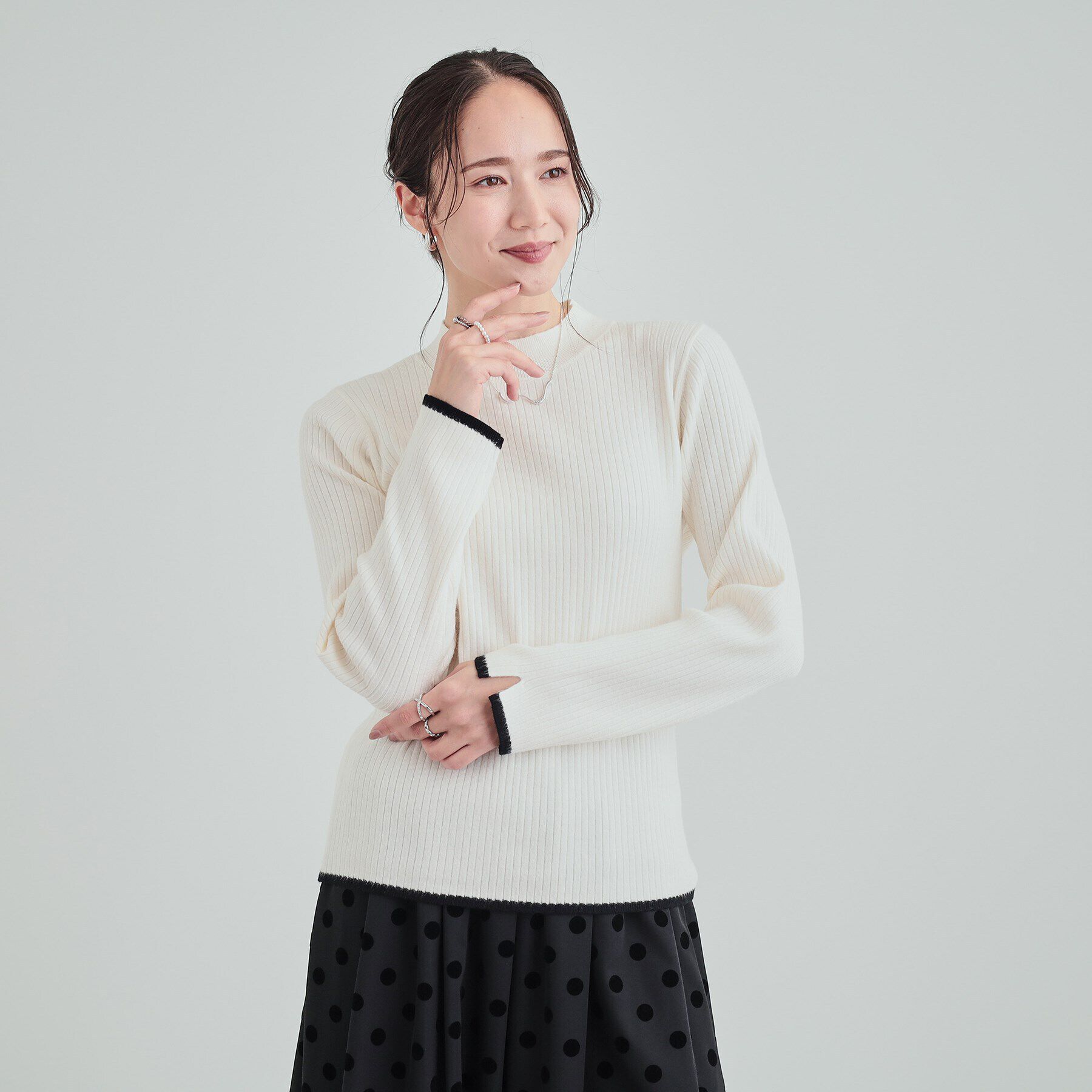 SHOO･LA･RUE「【洗える】1枚でこなれ見え 配色ライン リブハイネックニット」|ニット・セーター|