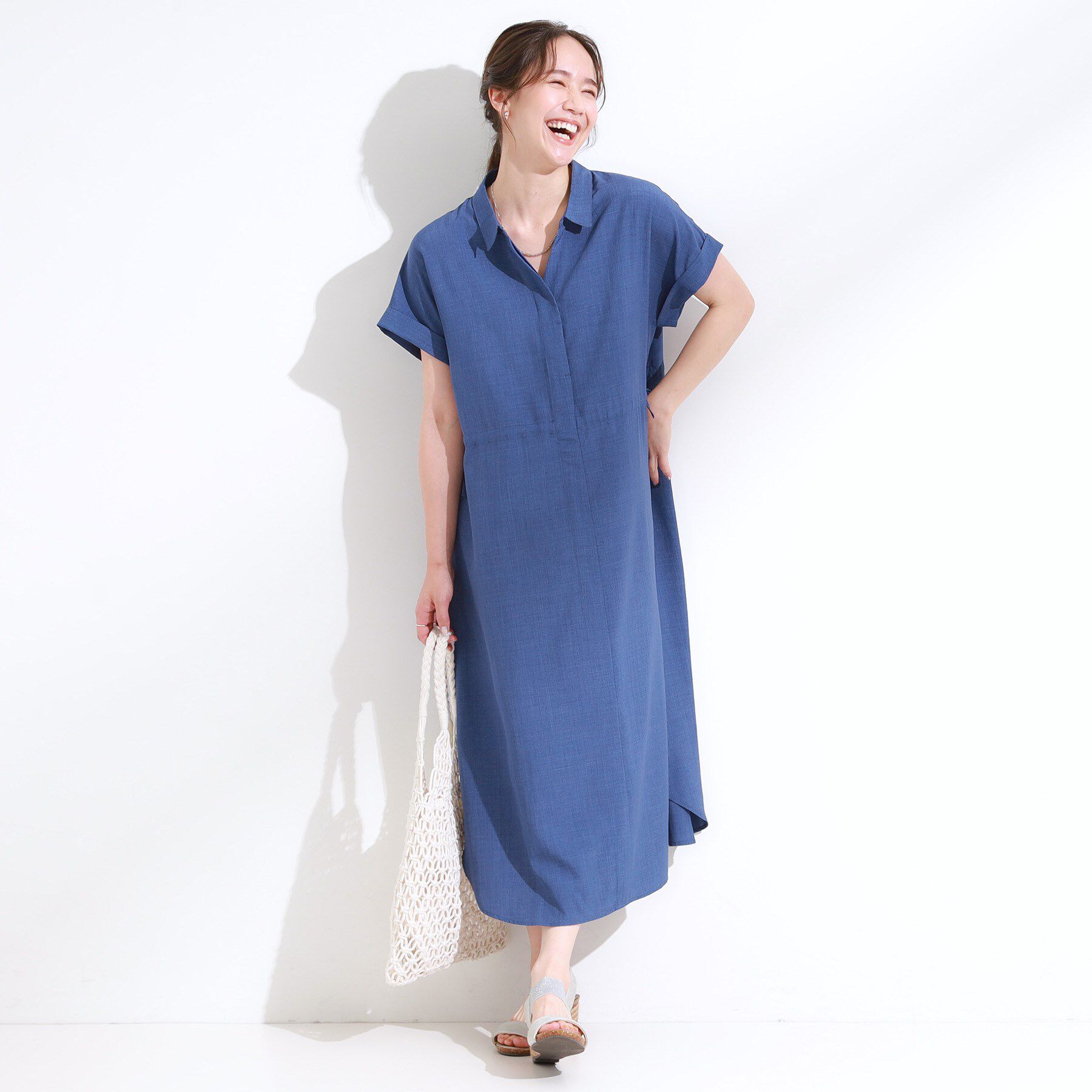 SHOO･LA･RUE「【S-LL】お顔周りすっきり 麻調スキッパーシャツワンピース」|ワンピース|