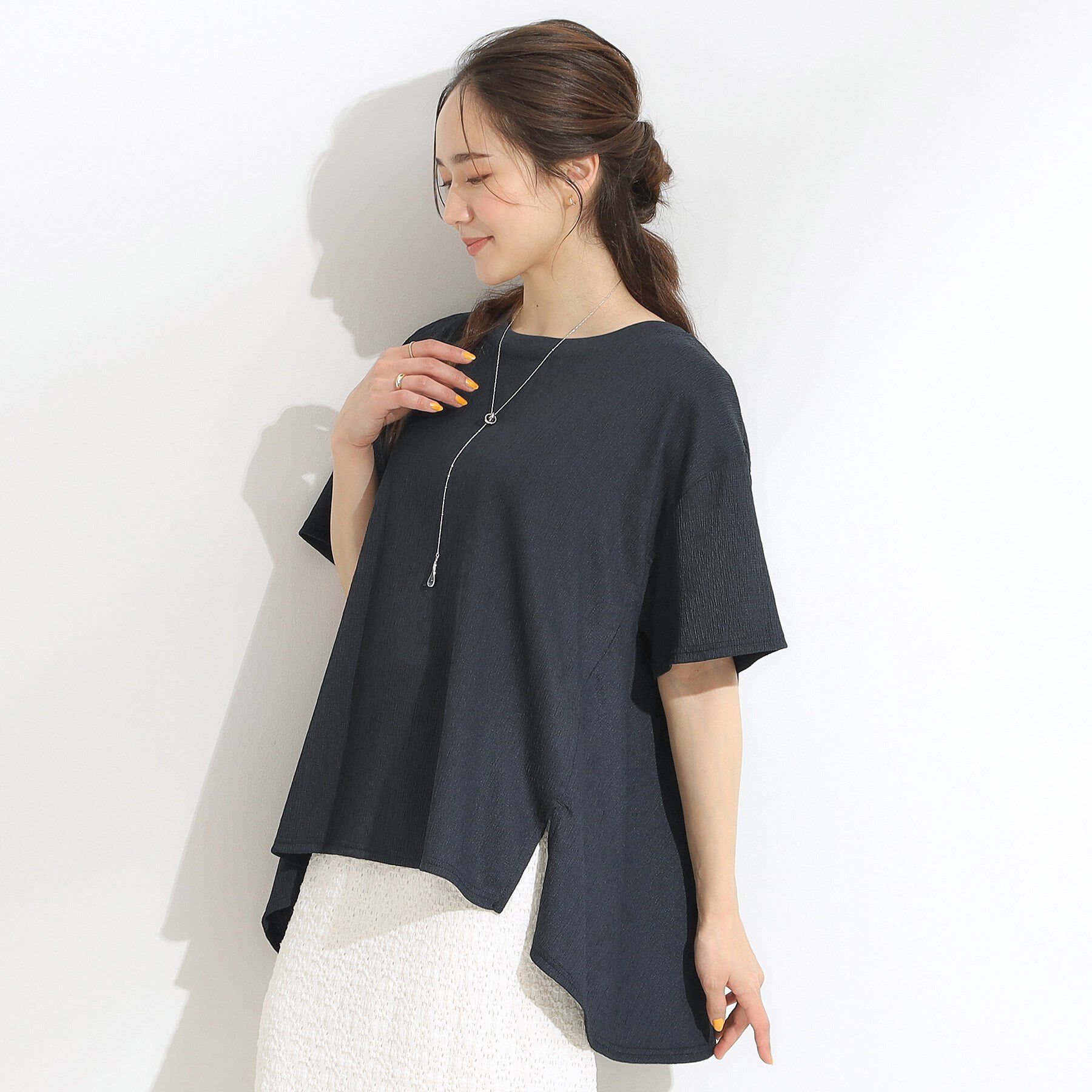 SHOO･LA･RUE「【S-LL/洗える/体型カバー/5分袖】涼しくきれいに決まる Aライントップス」|Tシャツ・カットソー|