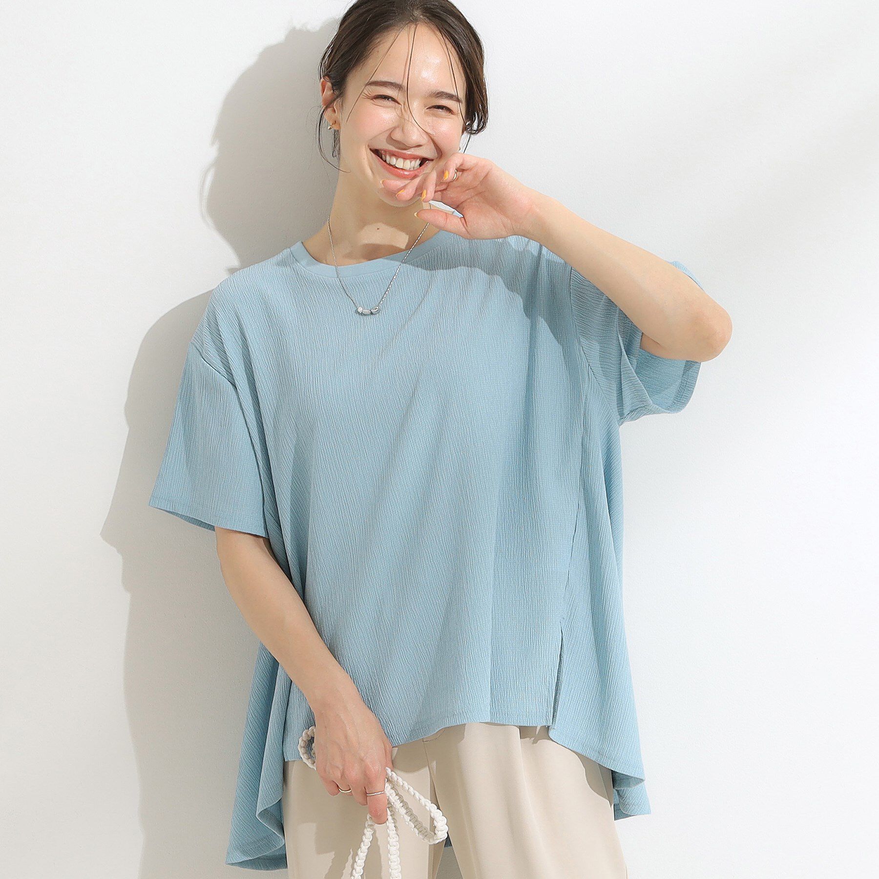 SHOO･LA･RUE「【S-LL/洗える/体型カバー/5分袖】涼しくきれいに決まる Aライントップス」|Tシャツ・カットソー|ブルー(091)