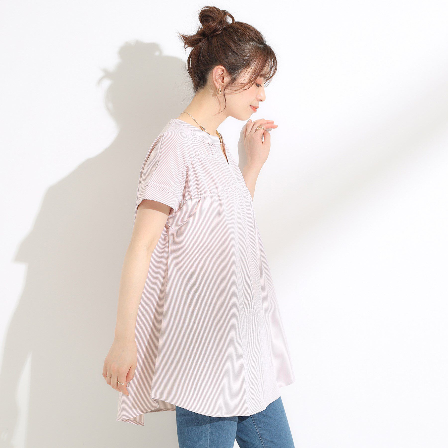 SHOO･LA･RUE「【S-LL/ひんやり/体型カバー】サッカーストライプ Aラインチュニックブラウス」|チュニック|