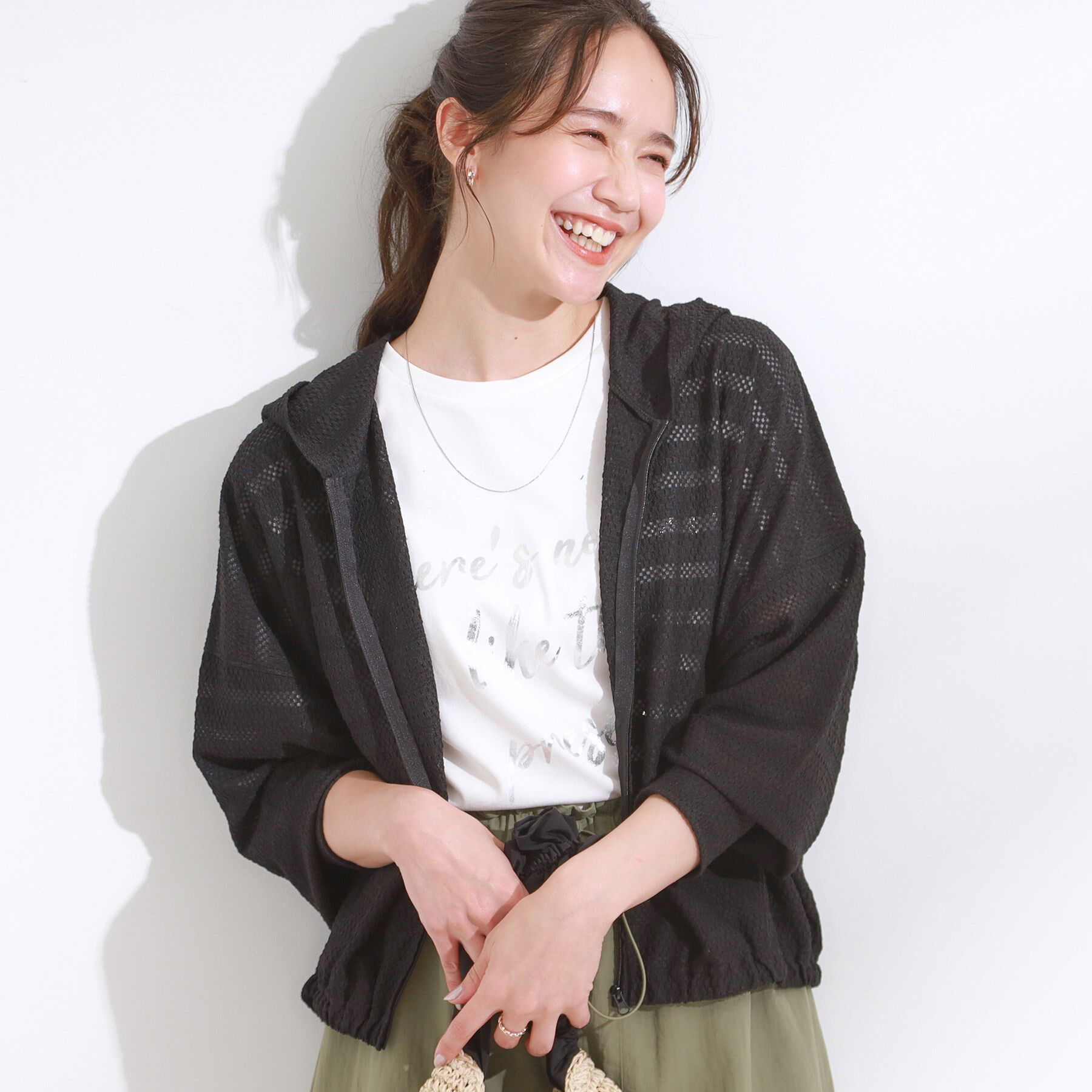 SHOO･LA･RUE「【UV/水陸両用】手の甲まで隠れる レースボーダー ラッシュガードパーカ」|カーディガン|ブラック(019)