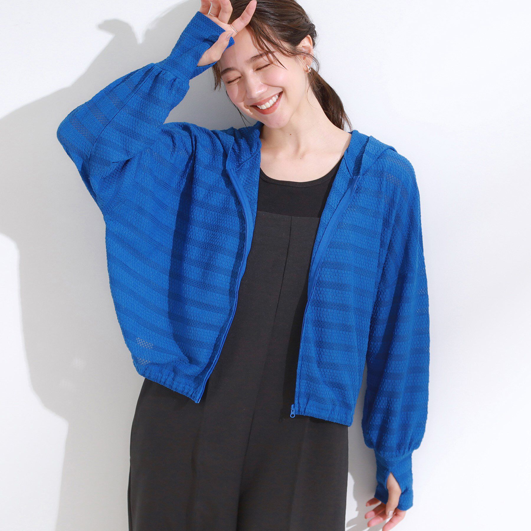 SHOO･LA･RUE「【UV/水陸両用】手の甲まで隠れる レースボーダー ラッシュガードパーカ」|カーディガン|ブルー(093)