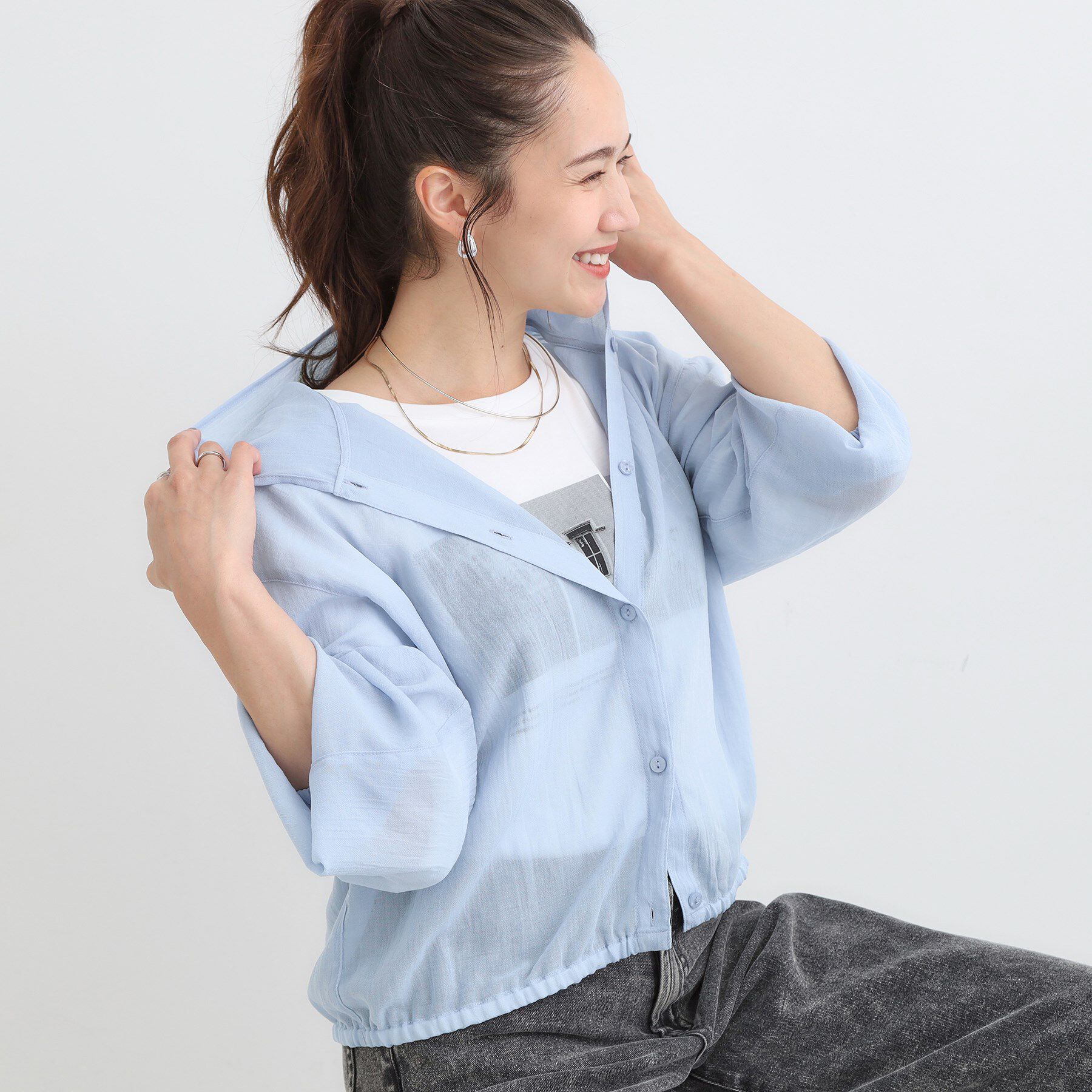 SHOO･LA･RUE「【S-LL】大人の抜け感 シアーボイルフーディパーカ」|パーカー|ブルー(093)