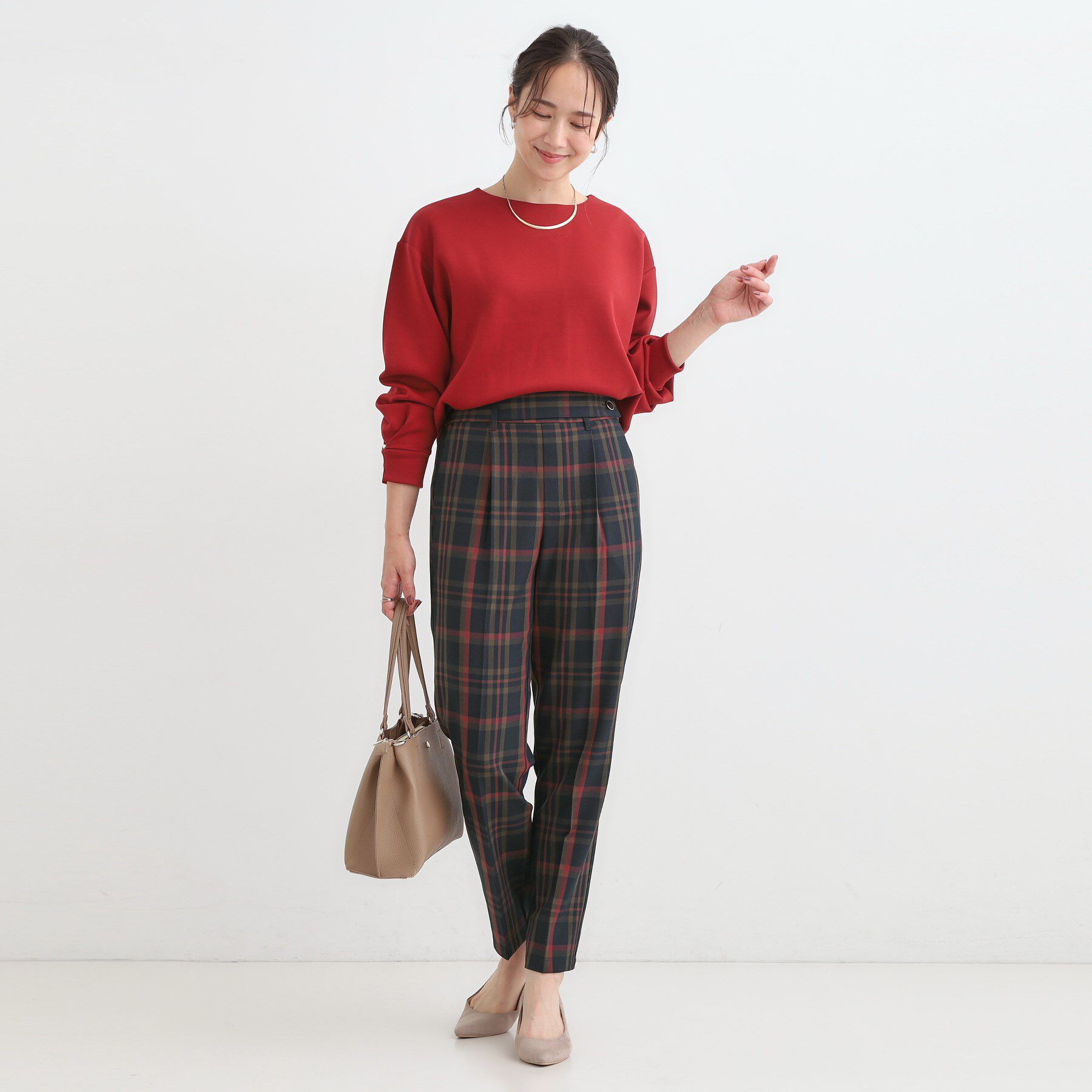 SHOO･LA･RUE「【S-LL/チェック柄アソート】脚のラインをきれいに見せる タックテーパードパンツ」|その他|