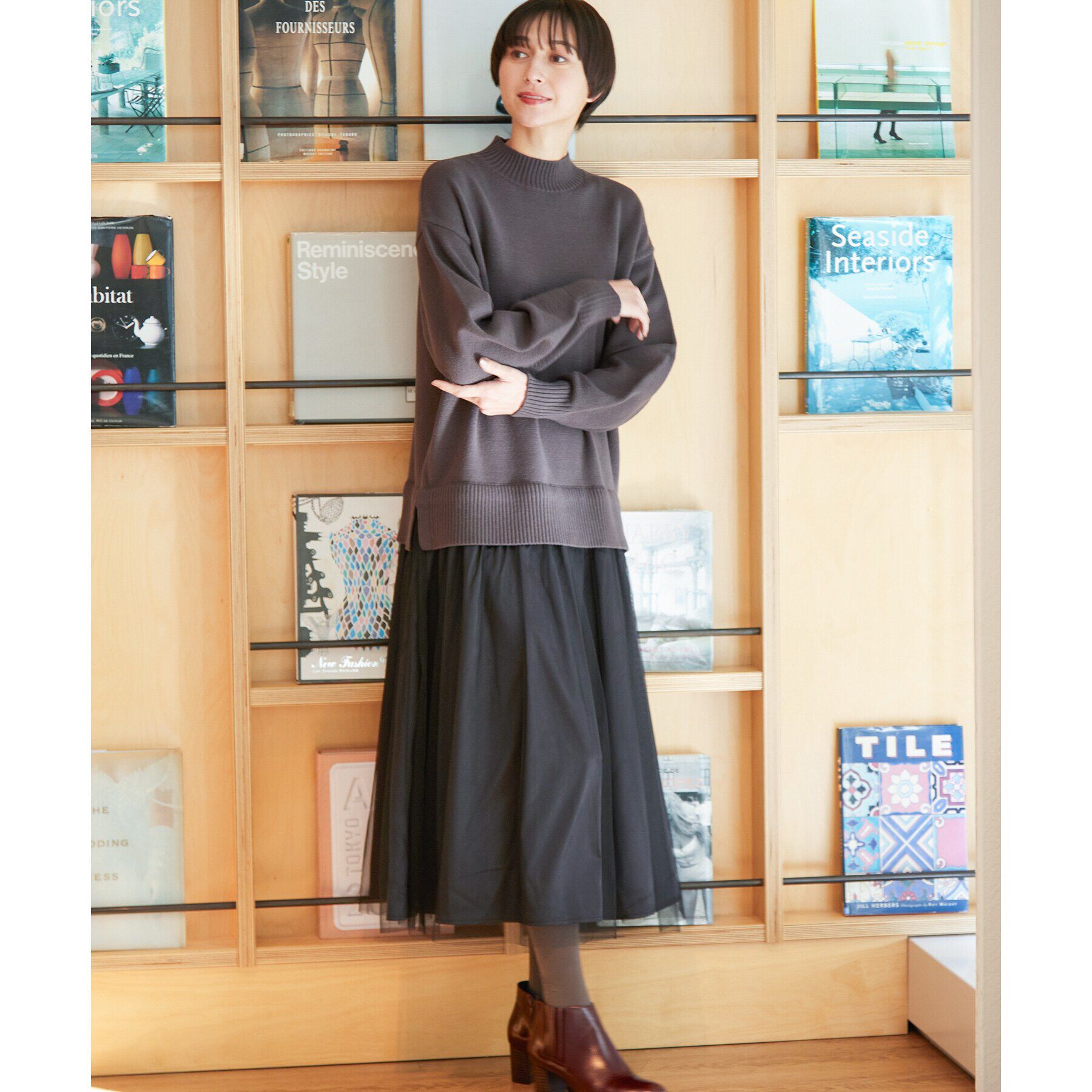 Dessin「【洗える】チュールスカートドッキングワンピース」|ワンピース|チャコールグレー(0