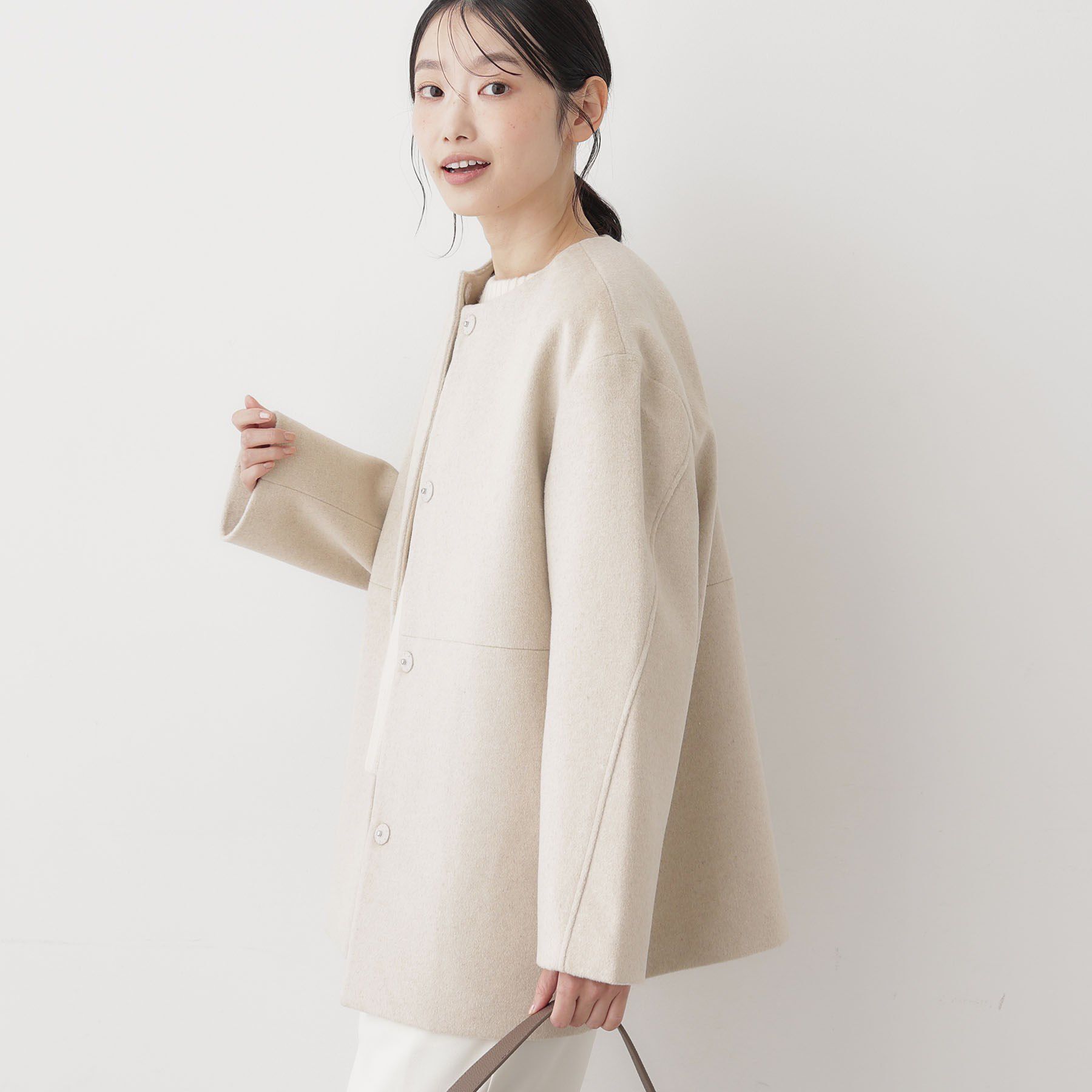 Dessin「ウール混クルーネックコート」|ノーカラーコート|