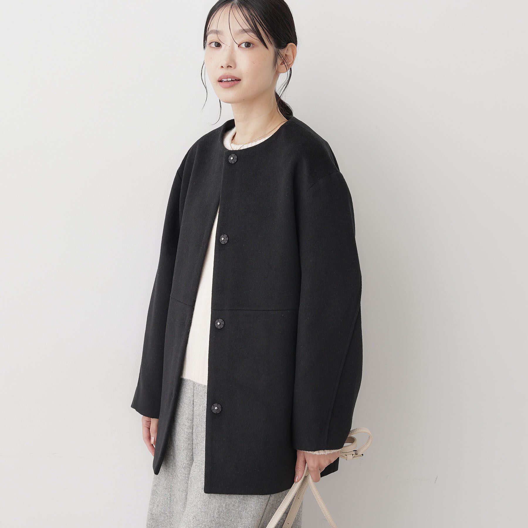 Dessin「ウール混クルーネックコート」|ノーカラーコート|ブラック(019)