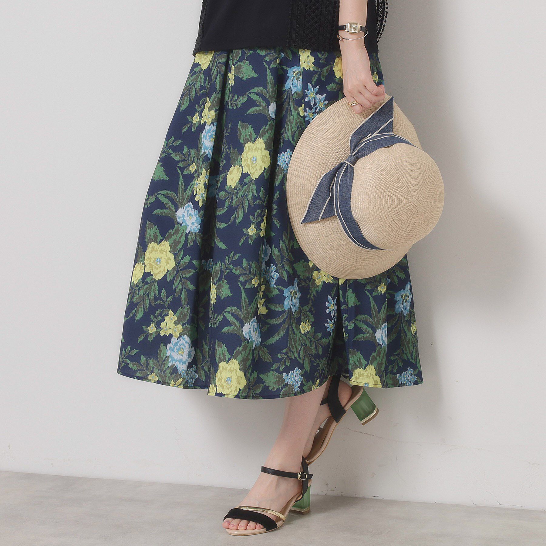 ITS&rsquo;DEMO「【清涼感／ウエストゴム／手洗い可】花柄麻調スカート」|スカート|ネイビー(194)