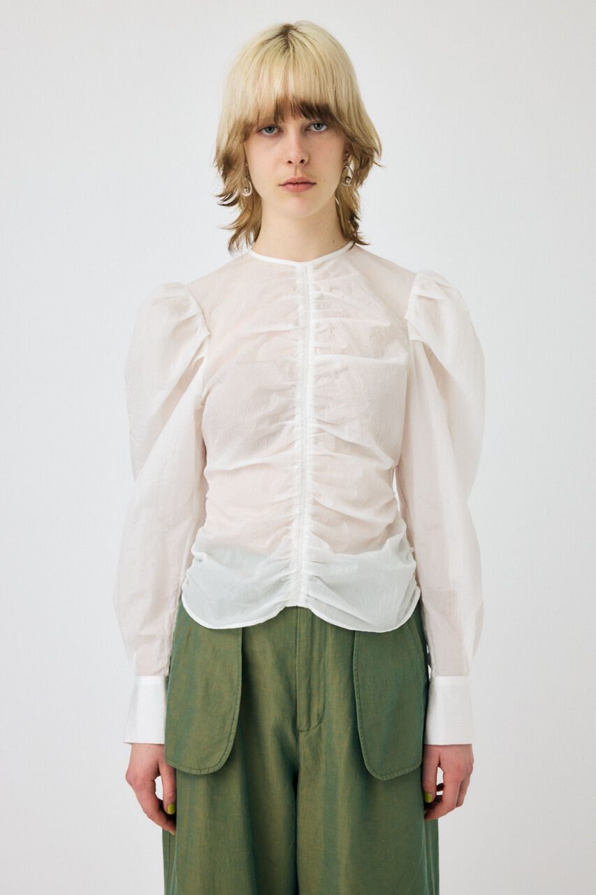 MOUSSY「NO COLLAR GATHER ブラウス」|シャツ・ブラウス|WHT