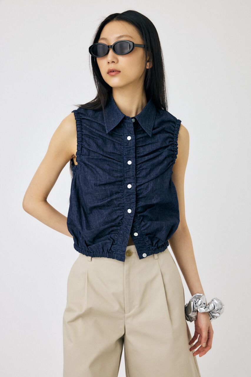 MOUSSY「GATHER SLEEVELESS デニムシャツ」|シャツ・ブラウス|BLU