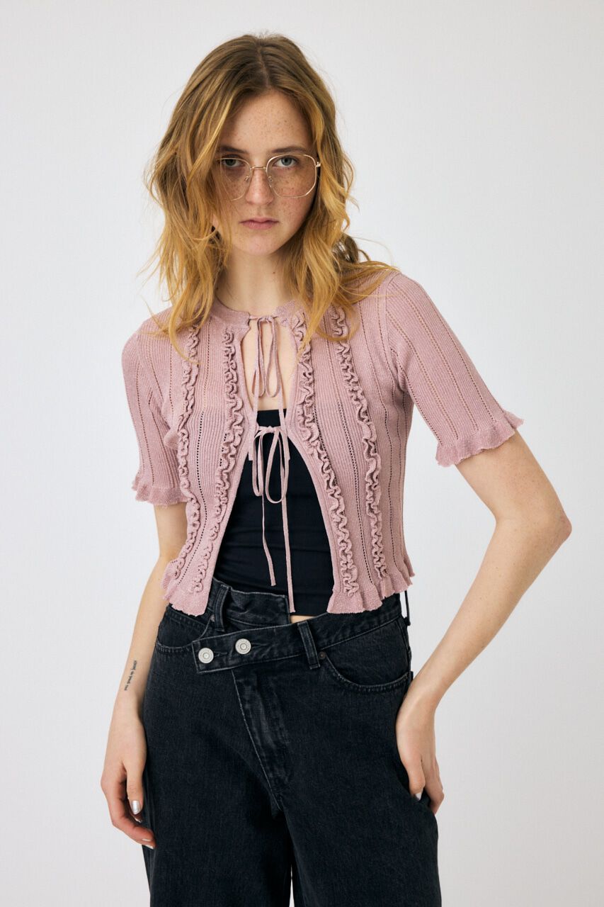 MOUSSY「FRILL STRIPED カーディガン」|ニット・セーター|L/PNK1