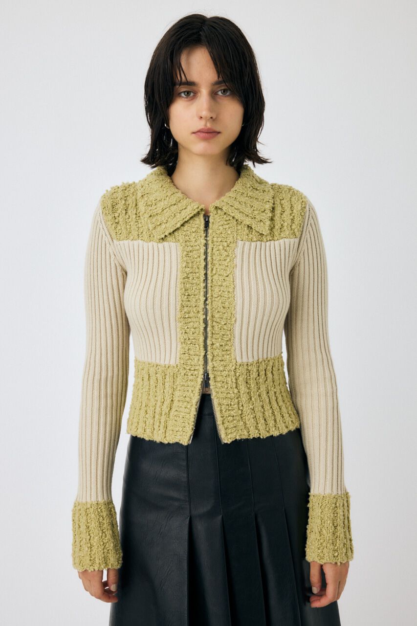 MOUSSY「MIX PATTERN ZIP UP POLO カーディガン」|ニット・セーター|