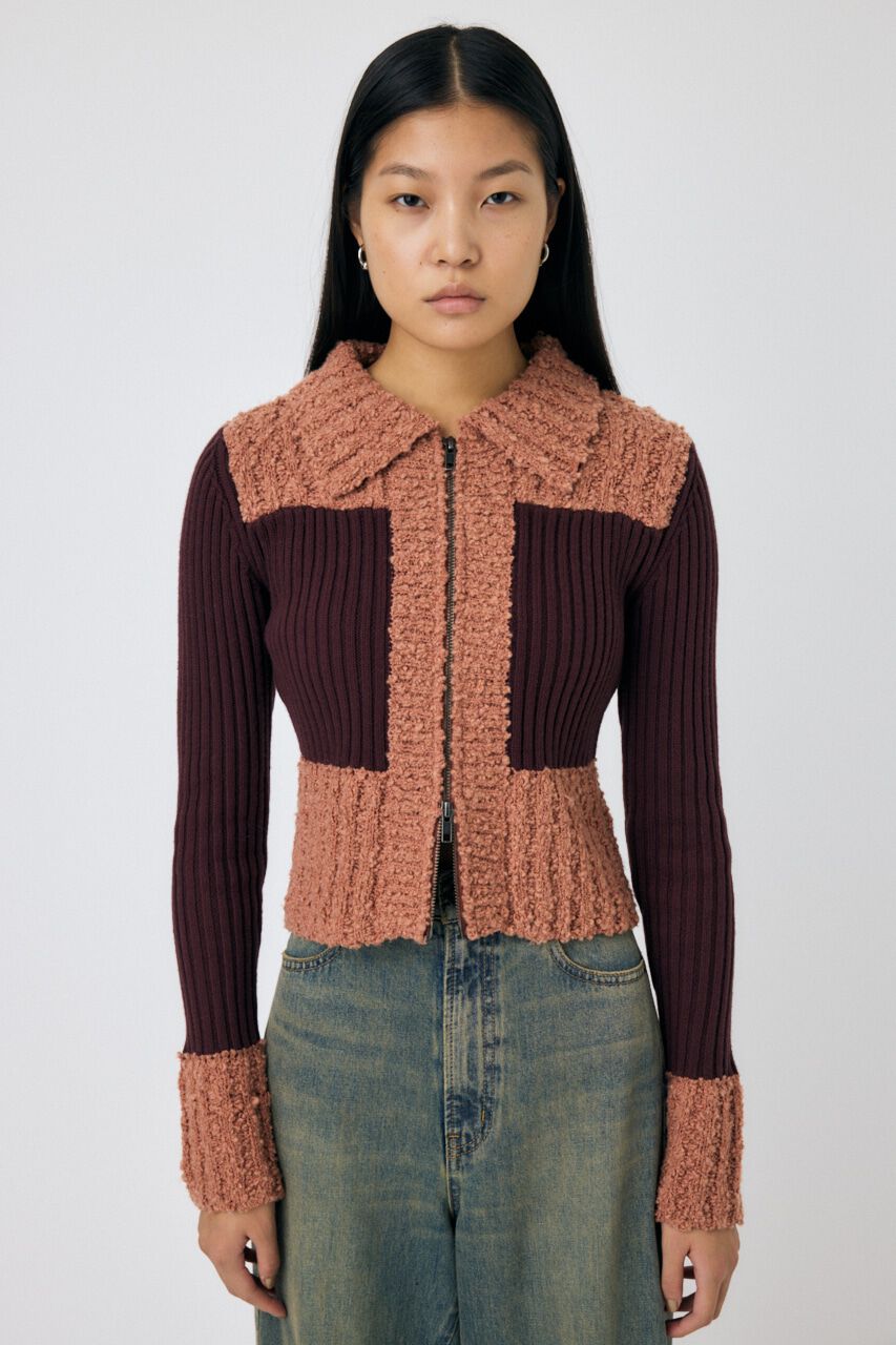 MOUSSY「MIX PATTERN ZIP UP POLO カーディガン」|ニット・セーター|