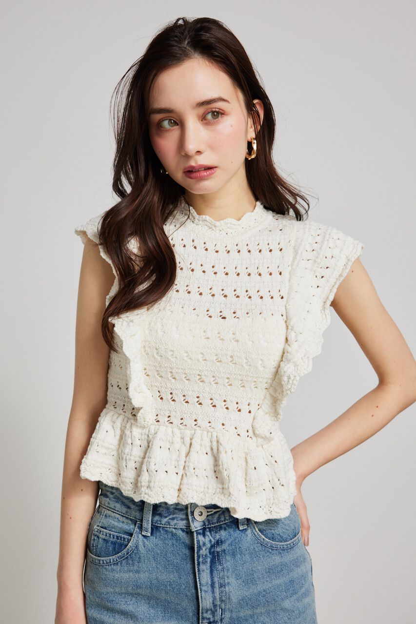 rienda「フリルクロシェKnit TOP」|ニット・セーター|WHT