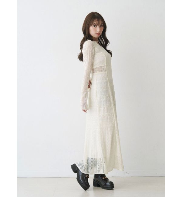 MERCURYDUO「カットレースブロッキングフレアスリーブマーメイドワンピース」|ワンピース|