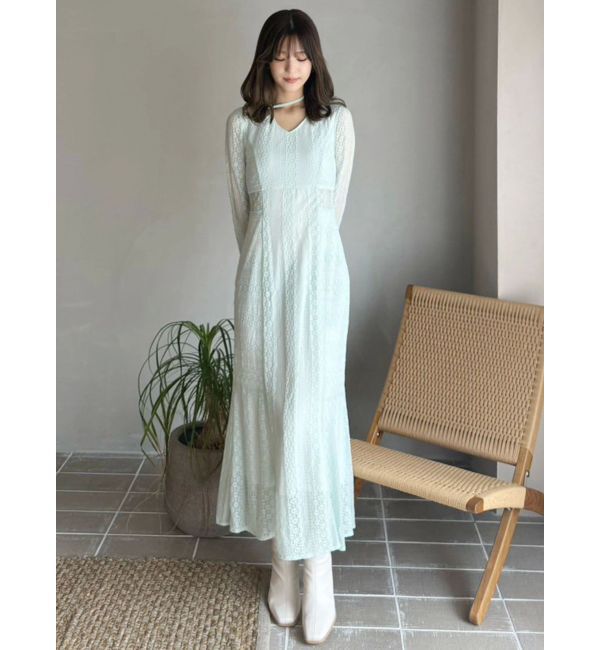MERCURYDUO「カットレースブロッキングフレアスリーブマーメイドワンピース」|ワンピース|