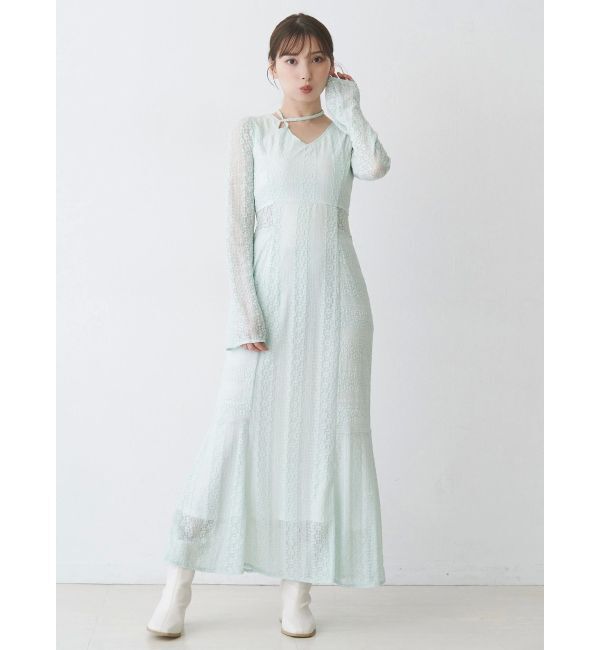 MERCURYDUO「カットレースブロッキングフレアスリーブマーメイドワンピース」|ワンピース|