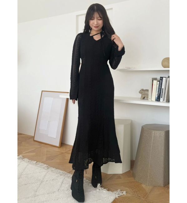 MERCURYDUO「カットレースブロッキングフレアスリーブマーメイドワンピース」|ワンピース|