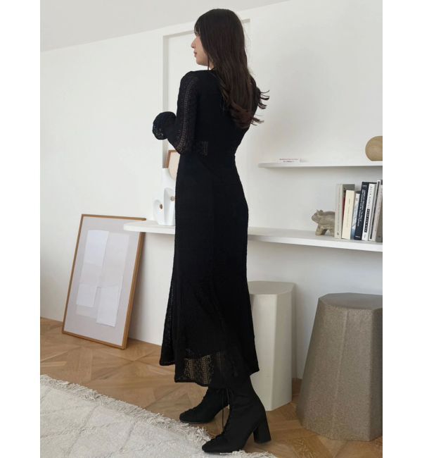 MERCURYDUO「カットレースブロッキングフレアスリーブマーメイドワンピース」|ワンピース|