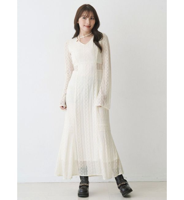 MERCURYDUO「カットレースブロッキングフレアスリーブマーメイドワンピース」|ワンピース|