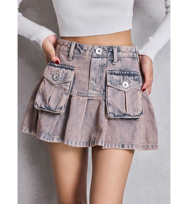 GYDA「ハイウエストGG POKETプリーツデニムスカートライクショートパンツ」|スカート|アイスブルー
