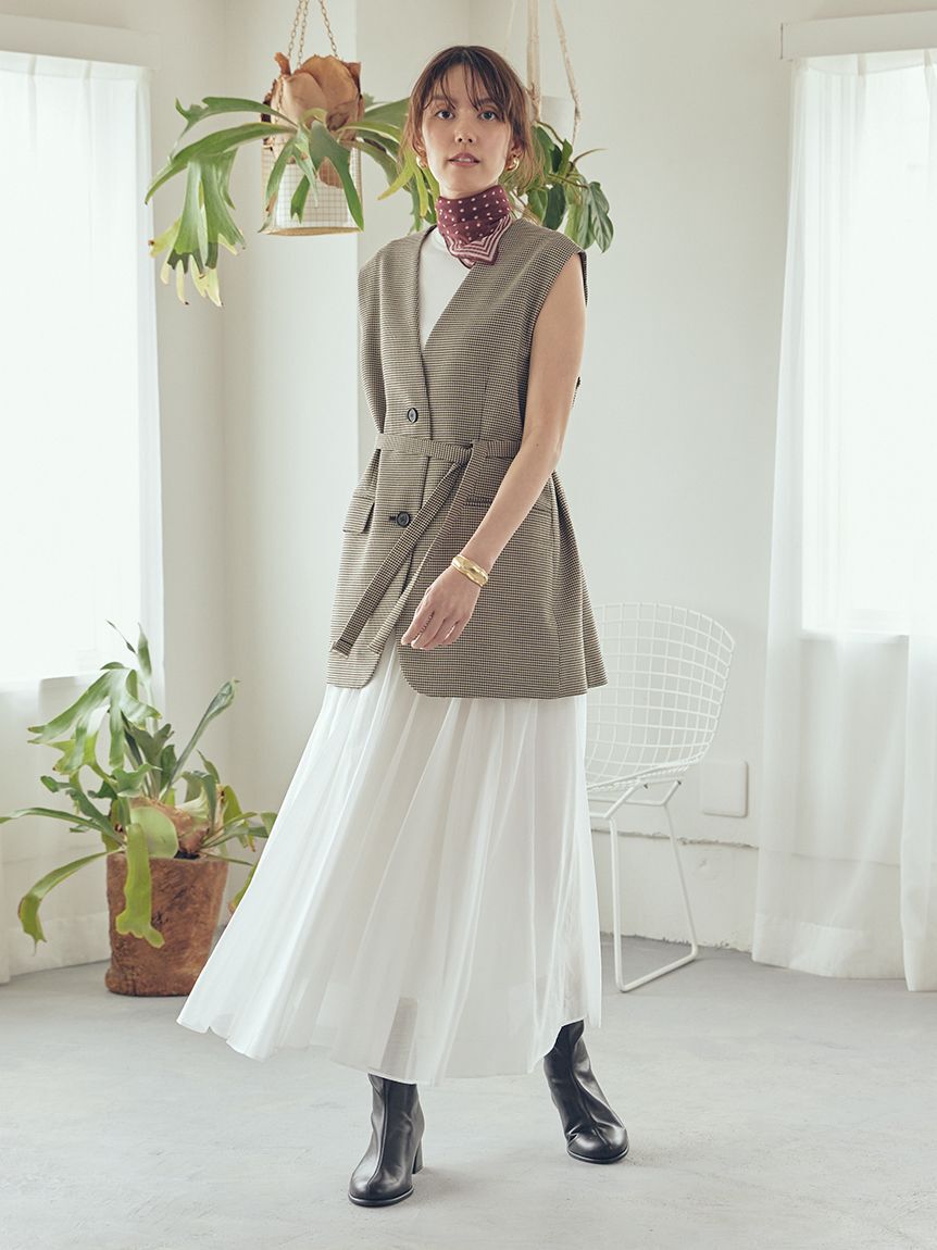 Mila Owen「共ベルト付きオーバーサイズノーカラーベスト」|ダウンベスト・ベスト|