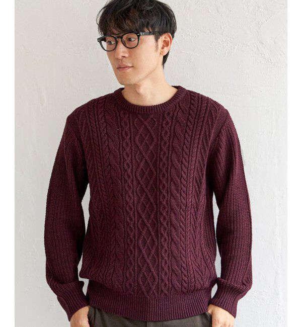 ikka「アランケーブル抗菌リサイクルニット」|プルオーバー|ワイン