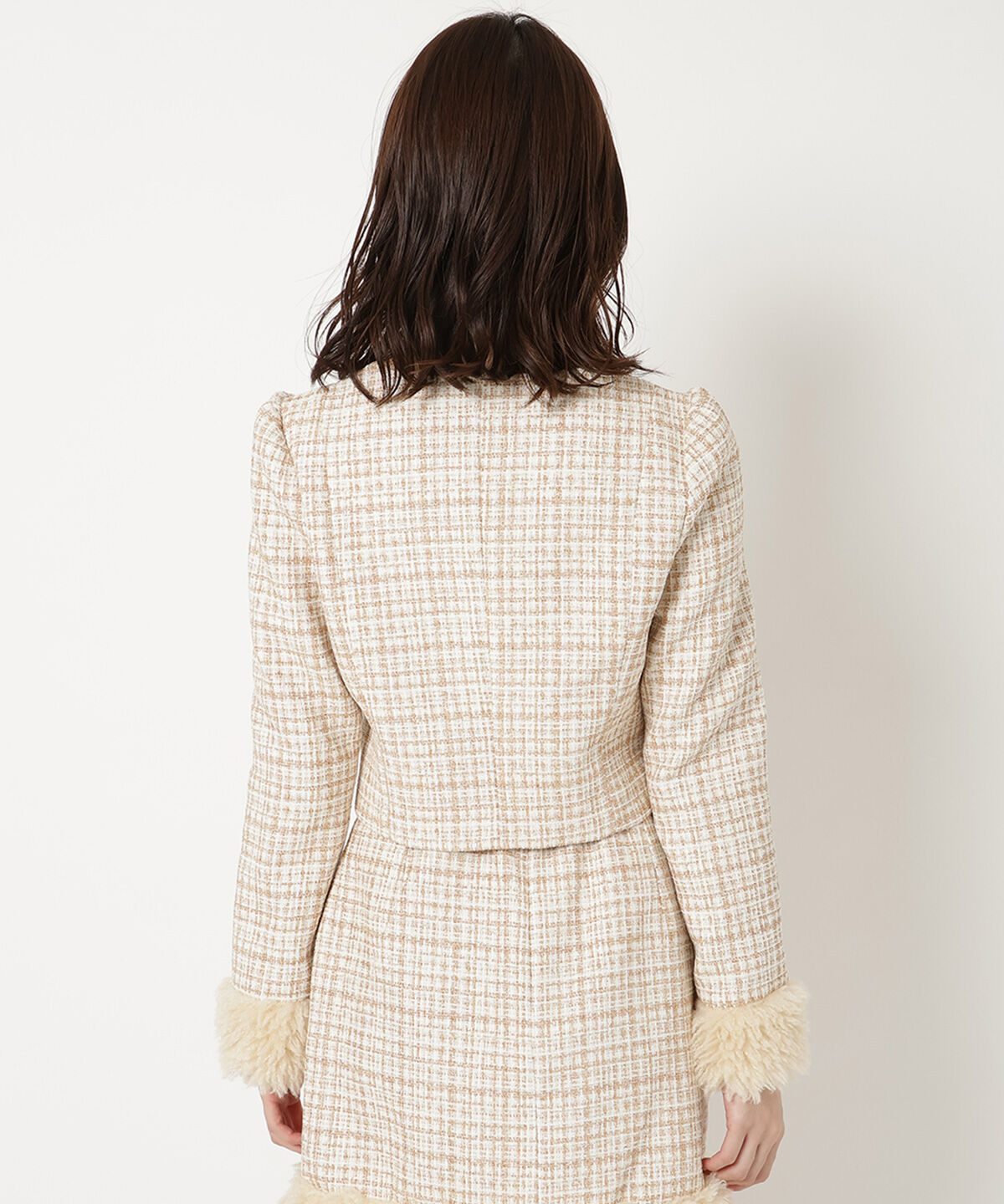 REDYAZEL「デコルテみせファー付きツィードジャケット」|ノーカラージャケット|