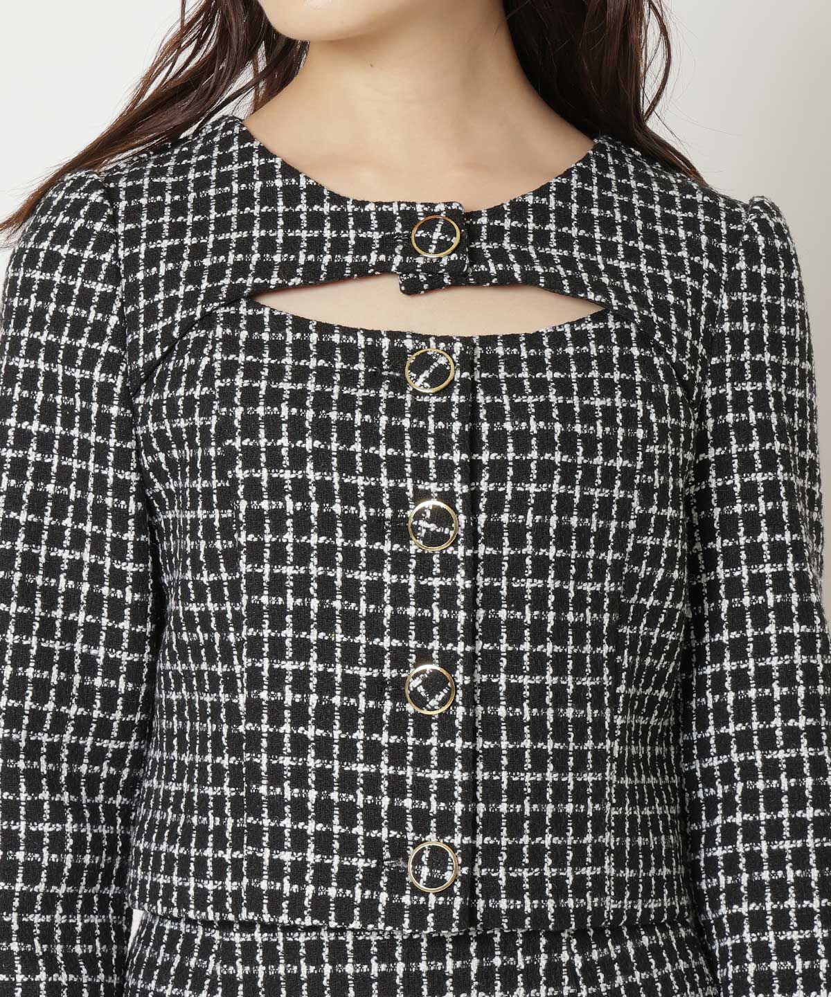 REDYAZEL「デコルテみせファー付きツィードジャケット」|ノーカラージャケット|