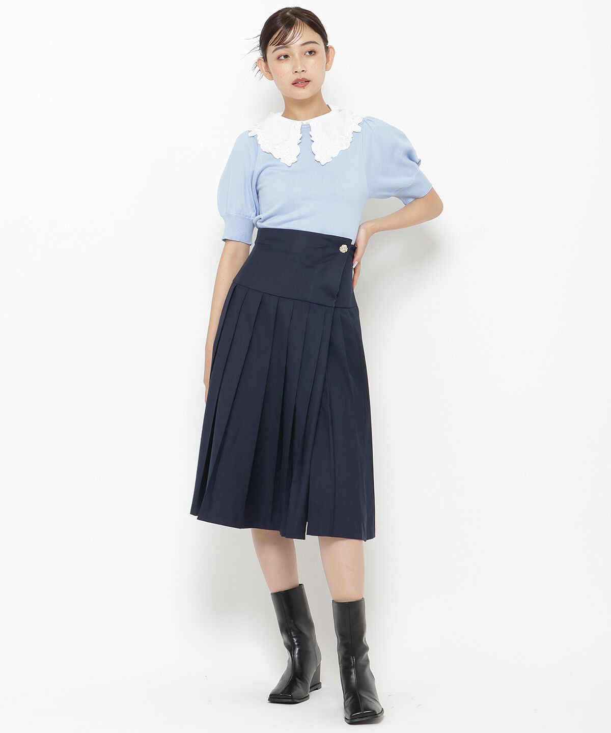REDYAZEL「ロースイッチングプリーツスカート」|フレア|ネイビー