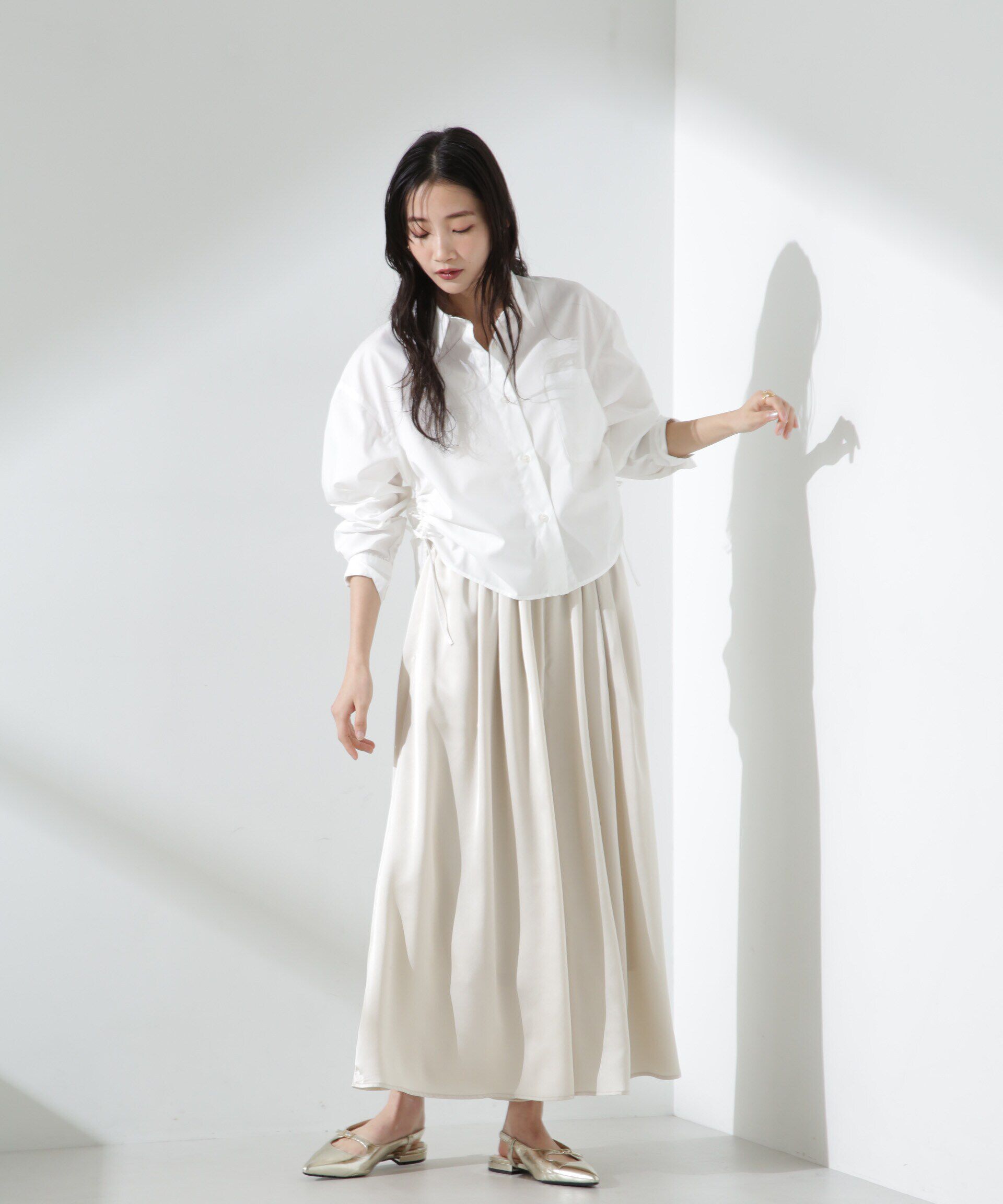 nano･universe「サテンギャザースカートパンツ（セットアップ可）」|チノ|