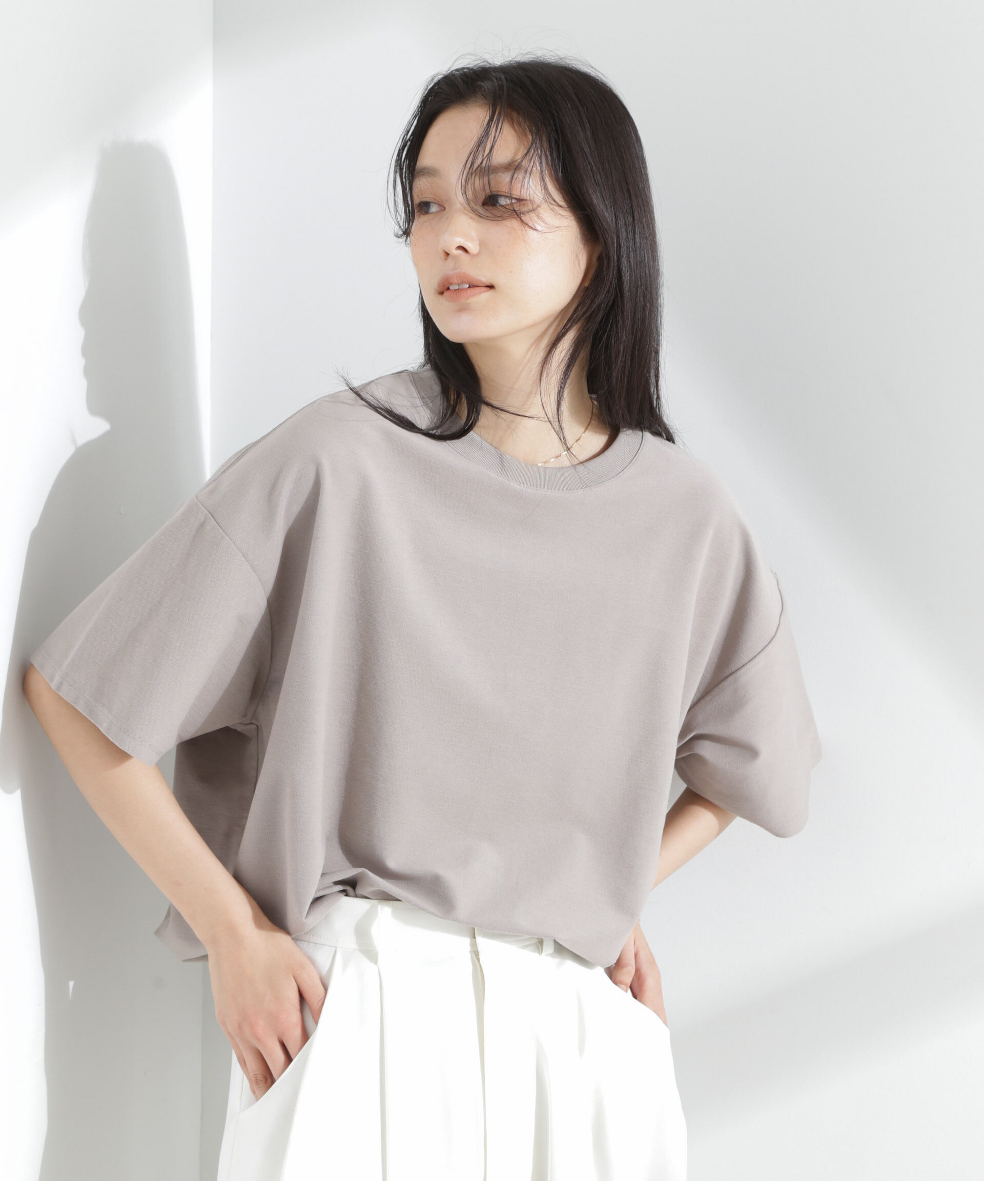 nano･universe「「MC」coveross(R)ツイル調 冷感プレーティング天竺Tシャツ」|Tシャツ・カットソー|ベージュ